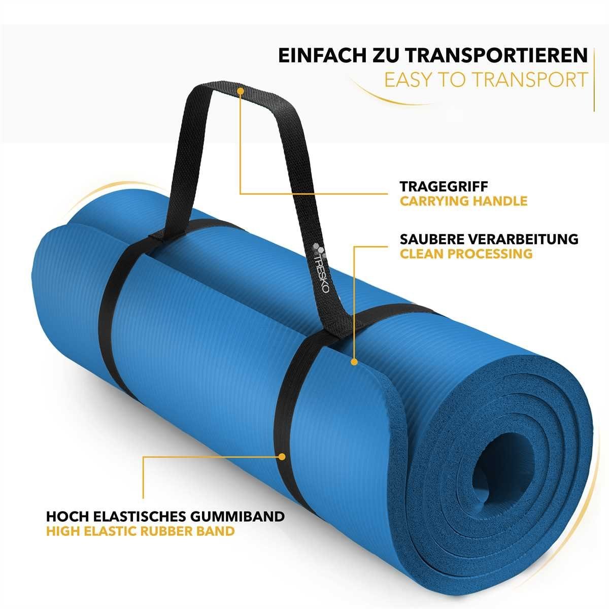 TRESKO Gymnastikmatte rutschfest mit Tragegurt Sportmatte gepolstert, Yogamatte Gymnastikmatte Dick Fitnessmatte