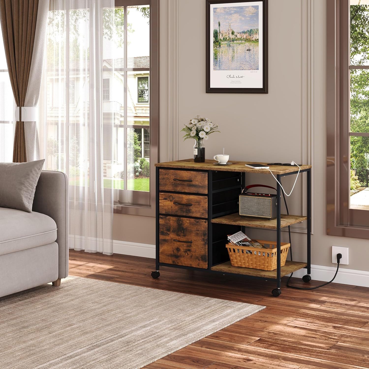 Woltu Aktenschrank mit Schubladen, mit Ladestation, Druckertisch mit Rollen günstig online kaufen