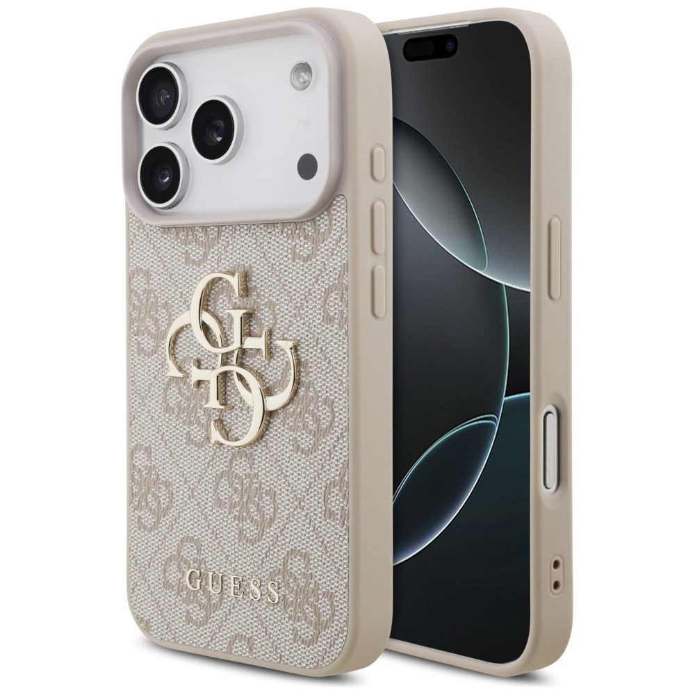 Guess Handyhülle iPhone 17 Pro Kunstleder rosa Big Logo Metall goldfarben 6,3 Zoll, Kantenschutz