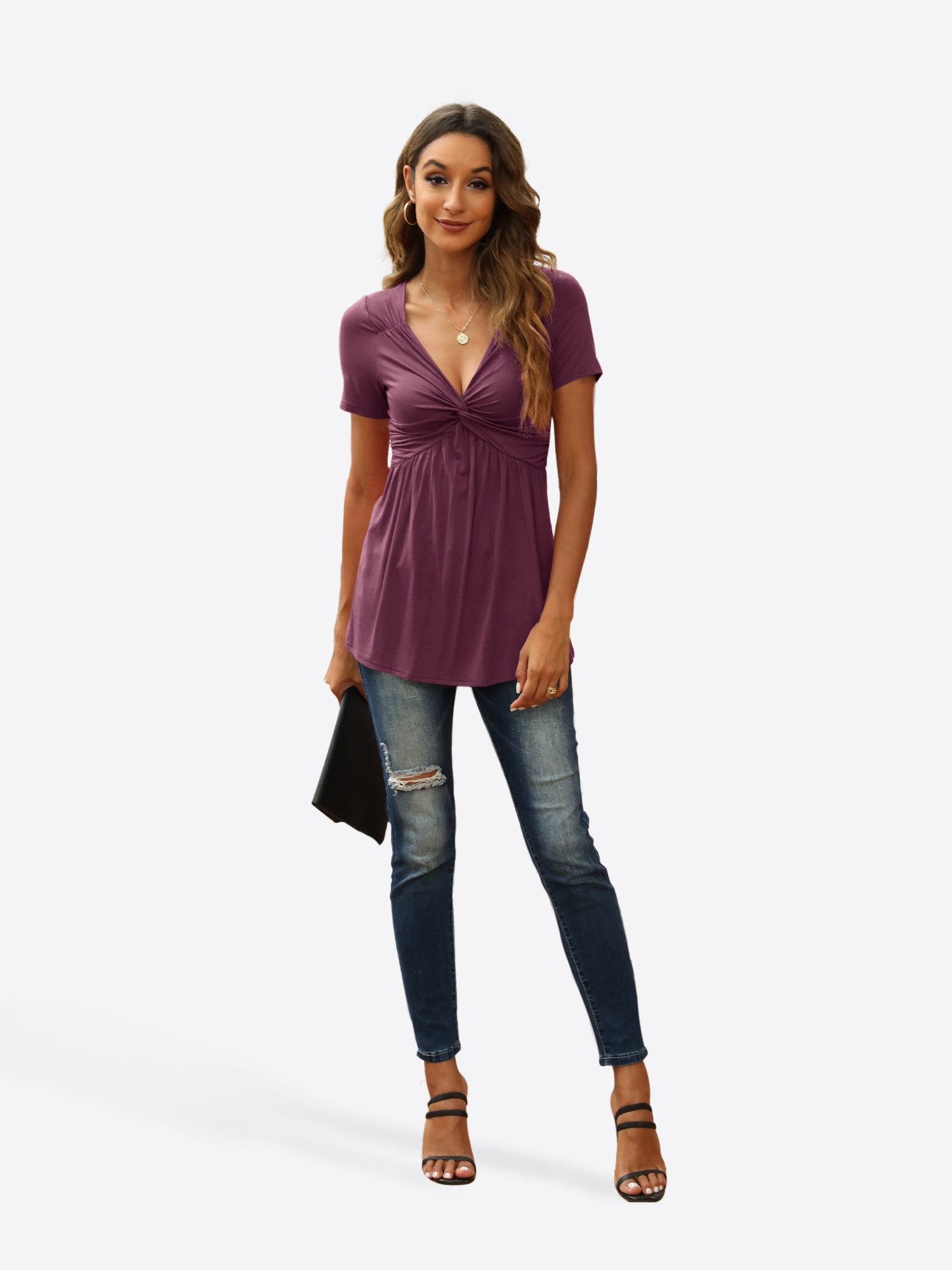 Imily Bela Tunika Damen Sexy V-Ausschnitt Knoten Shirt (Packung, 1-tlg., 1per-Pack) in Unifarbe