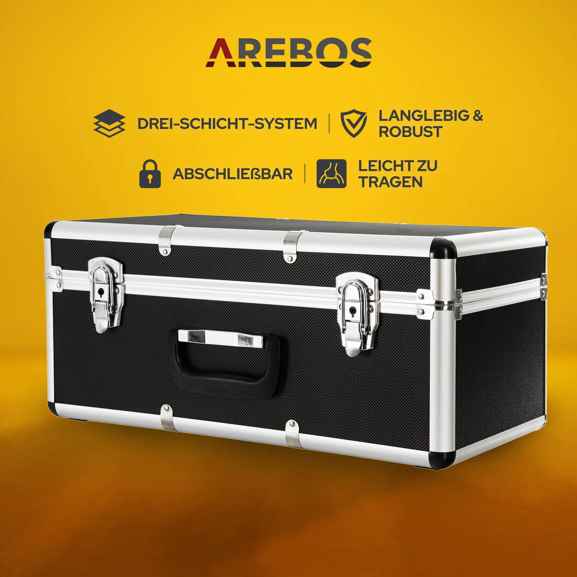 Arebos Werkzeugbox Alu-Transportkoffer-Set 3-teilig L-XL-XXL stapelbar, abschließbar (Set, 3 St), Geräumig: Volumen 30 L (L), 70 L (XL) und 100 L (XXL)