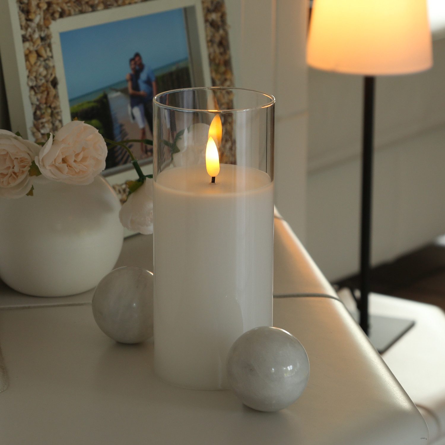 MARELIDA LED-Kerze LED Kerze im Glas Windlicht Echtwachs Timer H: 17,5cm D: 7,5cm weiß, LED Classic, warmweiß (2100K bis 3000K)