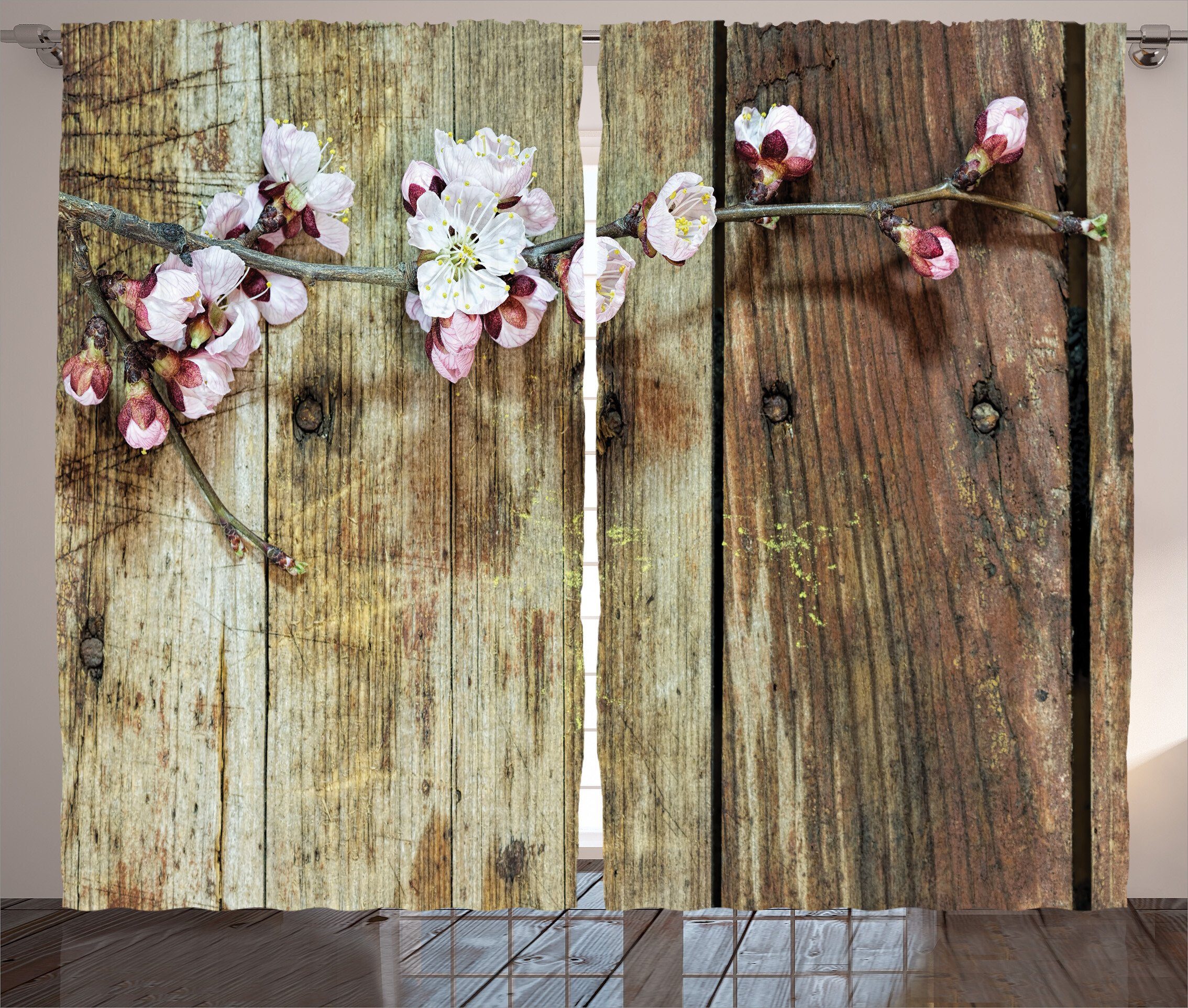 Gardine Schlafzimmer Kräuselband mit Haken, Blooming und Schlaufen Frühlingsblumen Vorhang Abakuhaus, Rustikal