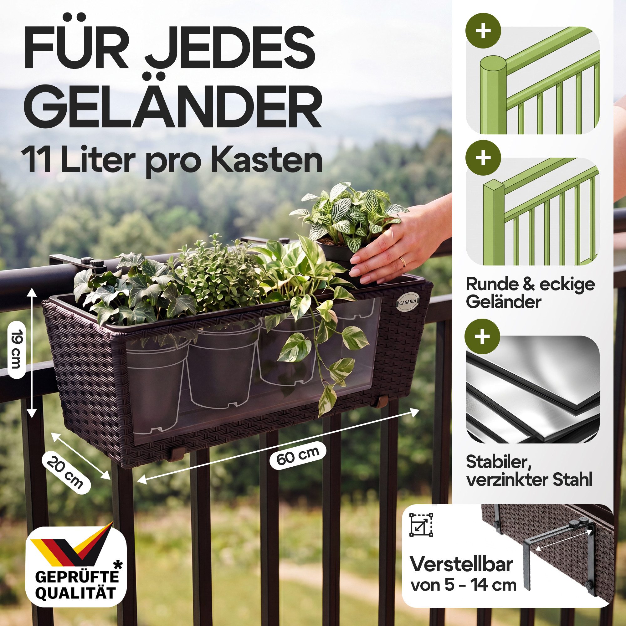 Casaria Blumenkasten, 2er Set 11 Liter Montagehalterung indoor outdoor Geländerkasten