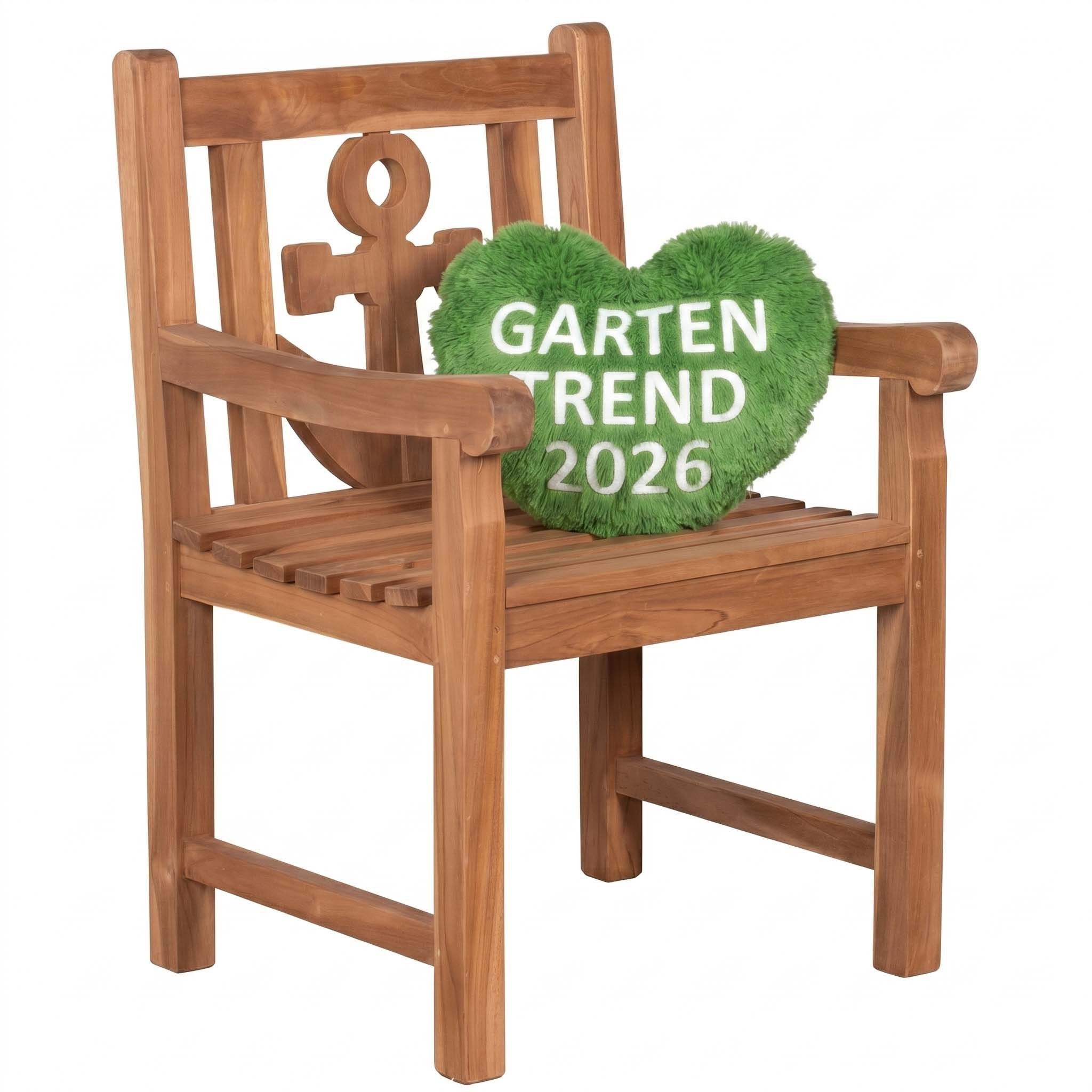 MR.DEKO Gartenstuhl Anker Teak Gartensessel maritim massiv natur, besonderer Balkonstuhl (Garten und Ballkon Stuhl aus Teakholz, 1 St), Anker-Motiv in der Rückenlehne, wetterfest & stabil