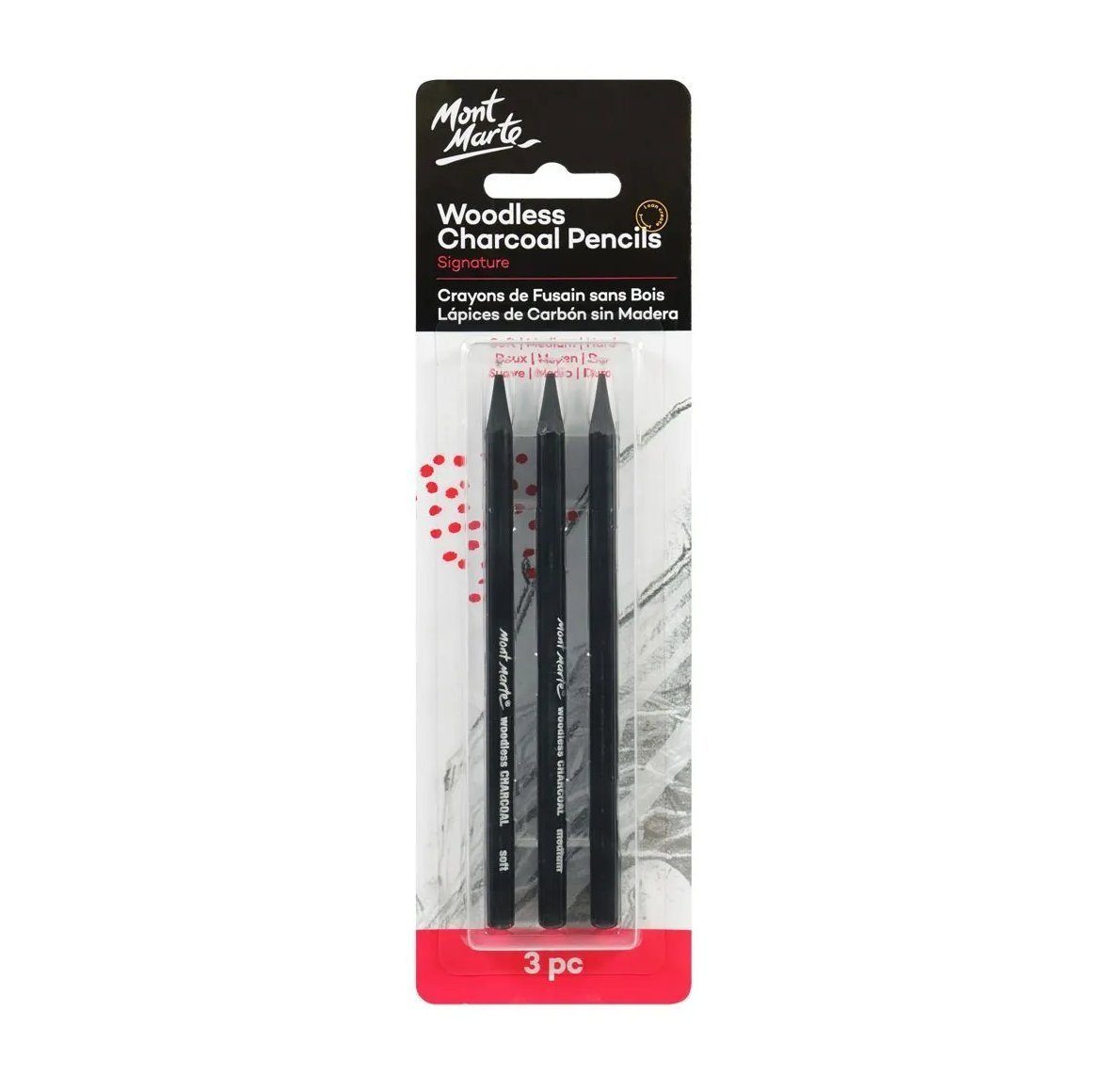 Mont Marte Kohlestift Künstler-Set mit 3 x Premium-Zeichenkohlestifte, diverse Härtegrade, (Set, 3-tlg., MONT MARTE "SIGNATURE" - Kohlestifte), Einfache Handhabung & Anspitzbar