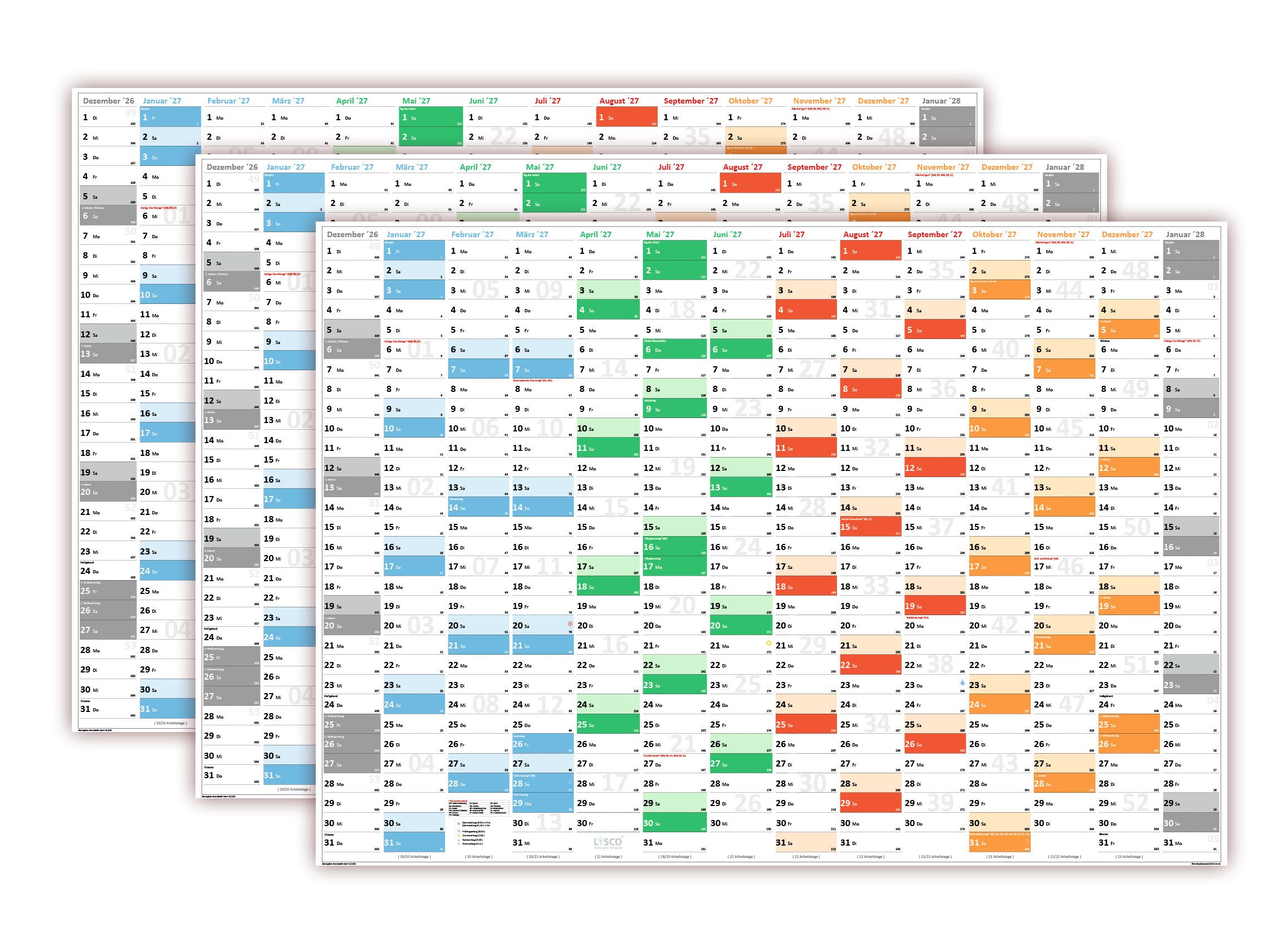 LYSCO Wandkalender Rainbow Premium Classic2 Wandplaner 2027 (gerollt), erhältlich in den Formaten DIN A2, DIN A1 und DIN A0, Rainbow Kalender Terminkalender Bürokalender Jahreskalender