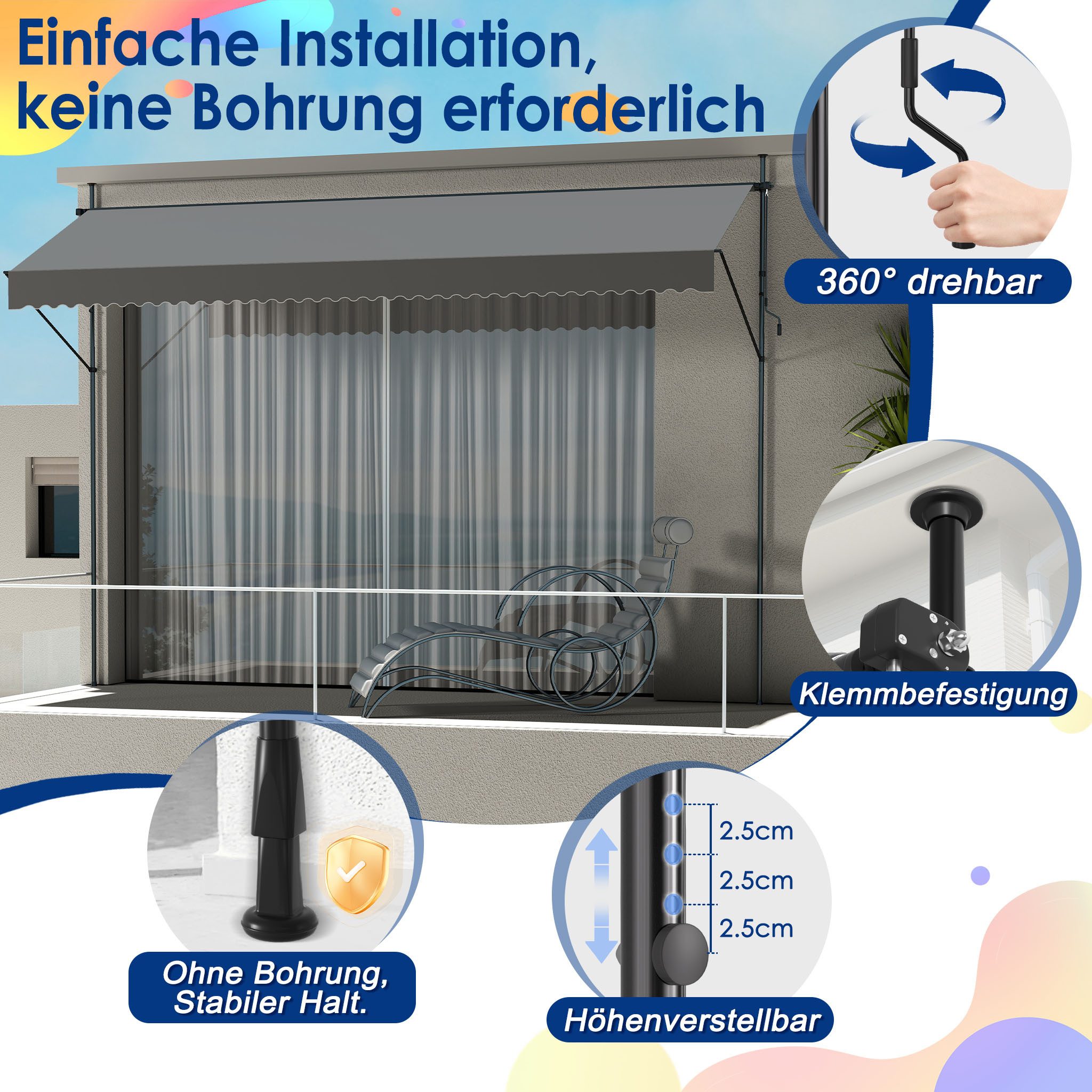 FIVMEN Klemmmarkise Balkonmarkise mit Handkurbel Balkon ohne Bohren Markise – Bild 3 von 5