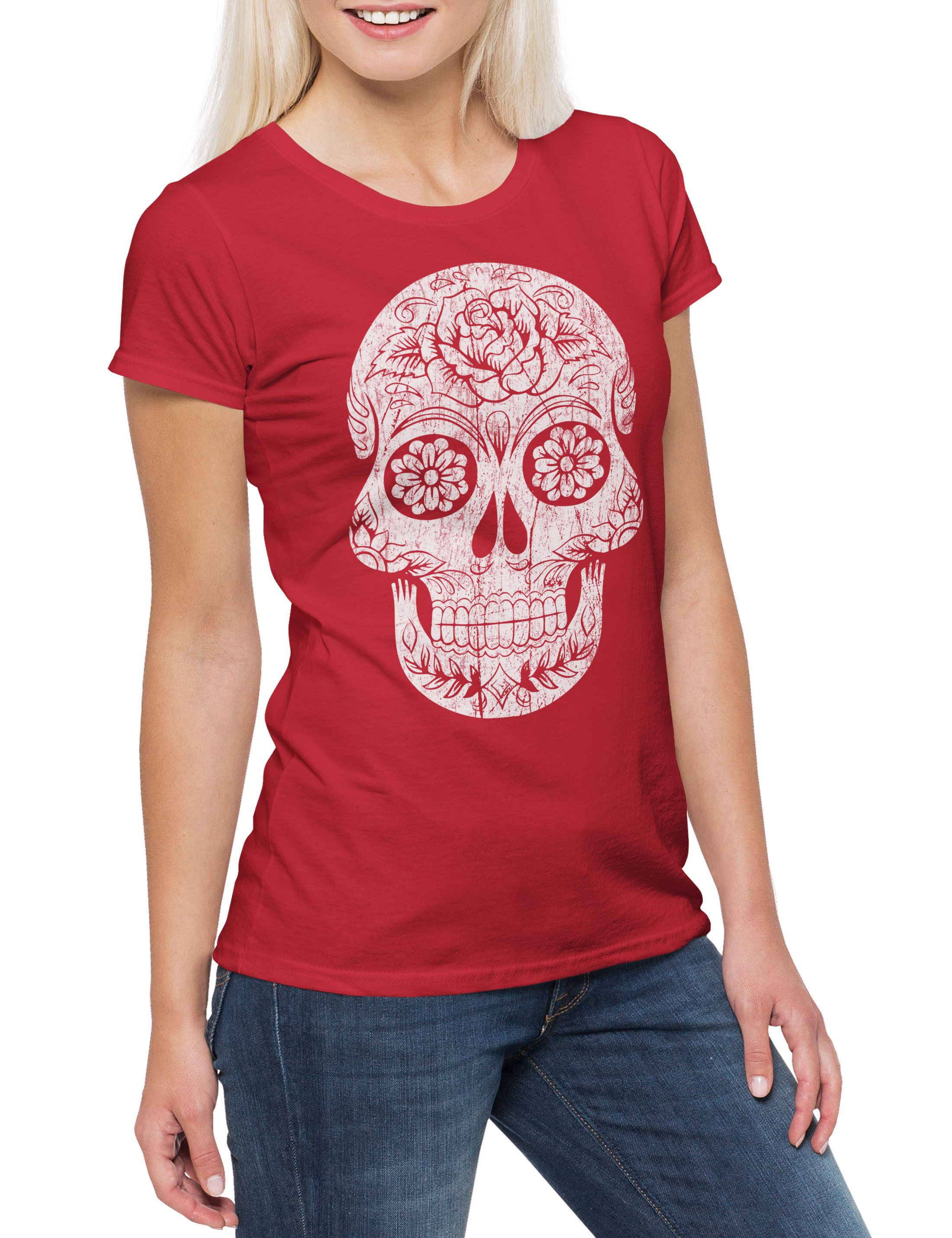 Print-Shirt Mexican Sugar Skull I Damen T-Shirt Schädel Totenschädel Totenkopf