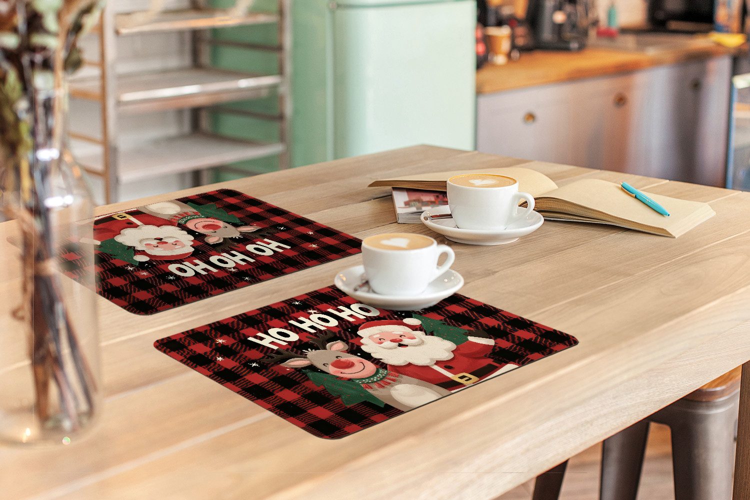 MuchoWow Platzset Weihnachtsmann - Rentier - Text - Rot - Schwarz, (6-St), Platzsets, Tischset, Abwaschbar, Tischsets, Platzdeckchen