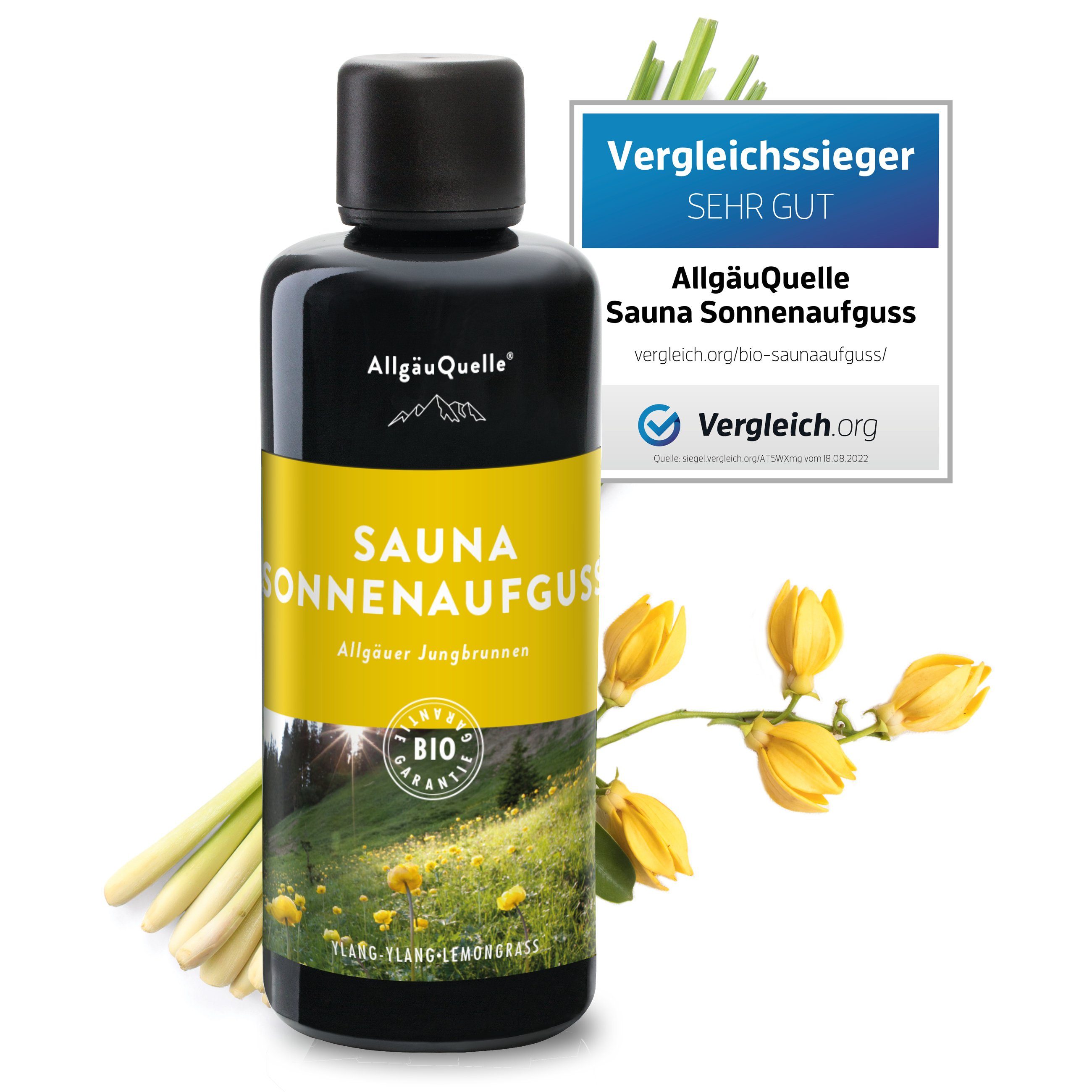 Allgäuquelle Sauna-Aufgussset Bio Saunaaufguss Sonnenaufguss Saunaduft (1 x  100ml) mit Ylang-Ylang und Lemongrass