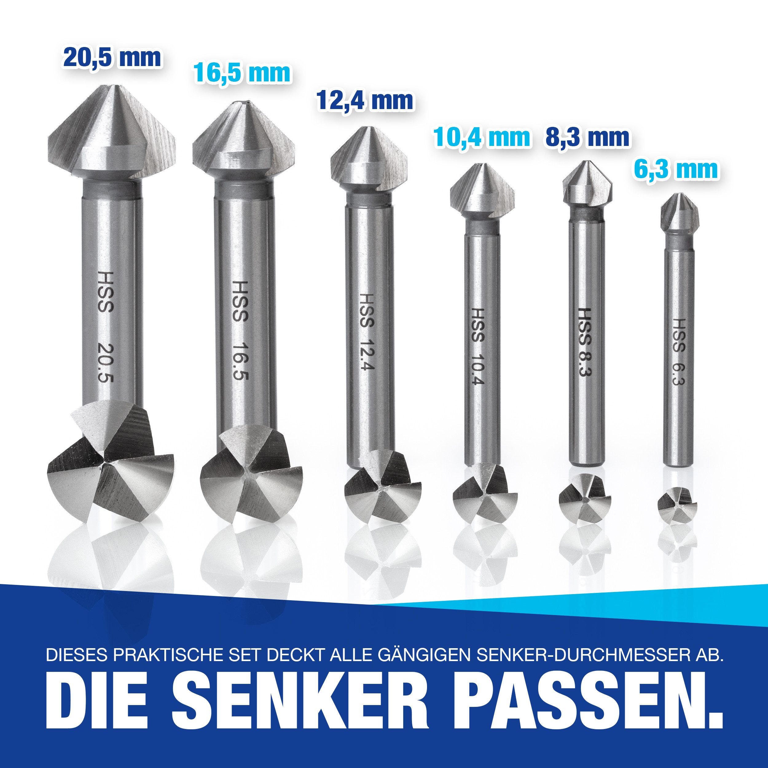 NTG Nutzfahrzeug Technik GmbH Kegelsenker Set 6,3-20,5 mm, 6-tlg, Kegelsenker 90°, HSS Stahl + Entgrater