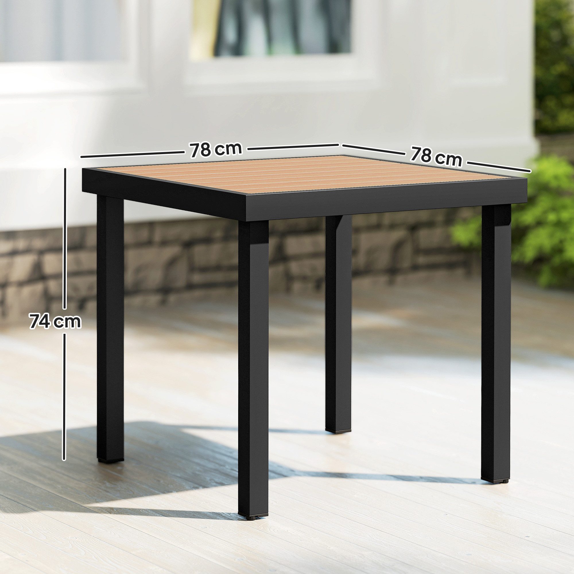 Outsunny Gartentisch für 4 Personen Gartenmöbel Loungemöbel pflegeleicht Kunststoff (Aluminiumtisch, 1-St., Esstisch), Aluminium Naturholz 78L x 78B x 74H cm
