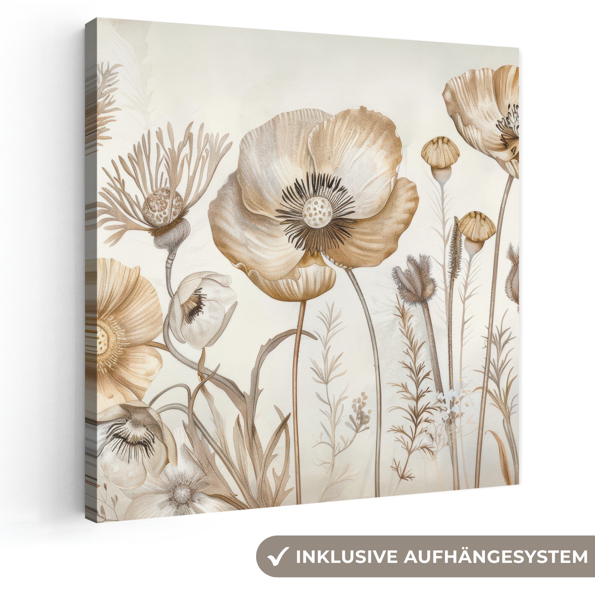 OneMillionCanvasses® Leinwandbild Blumen - Beige - Natur - Illustration, Fotodruck (1 St), Wandbild, Deko Schlafzimmer Wohnzimmer Flur 20x20 cm
