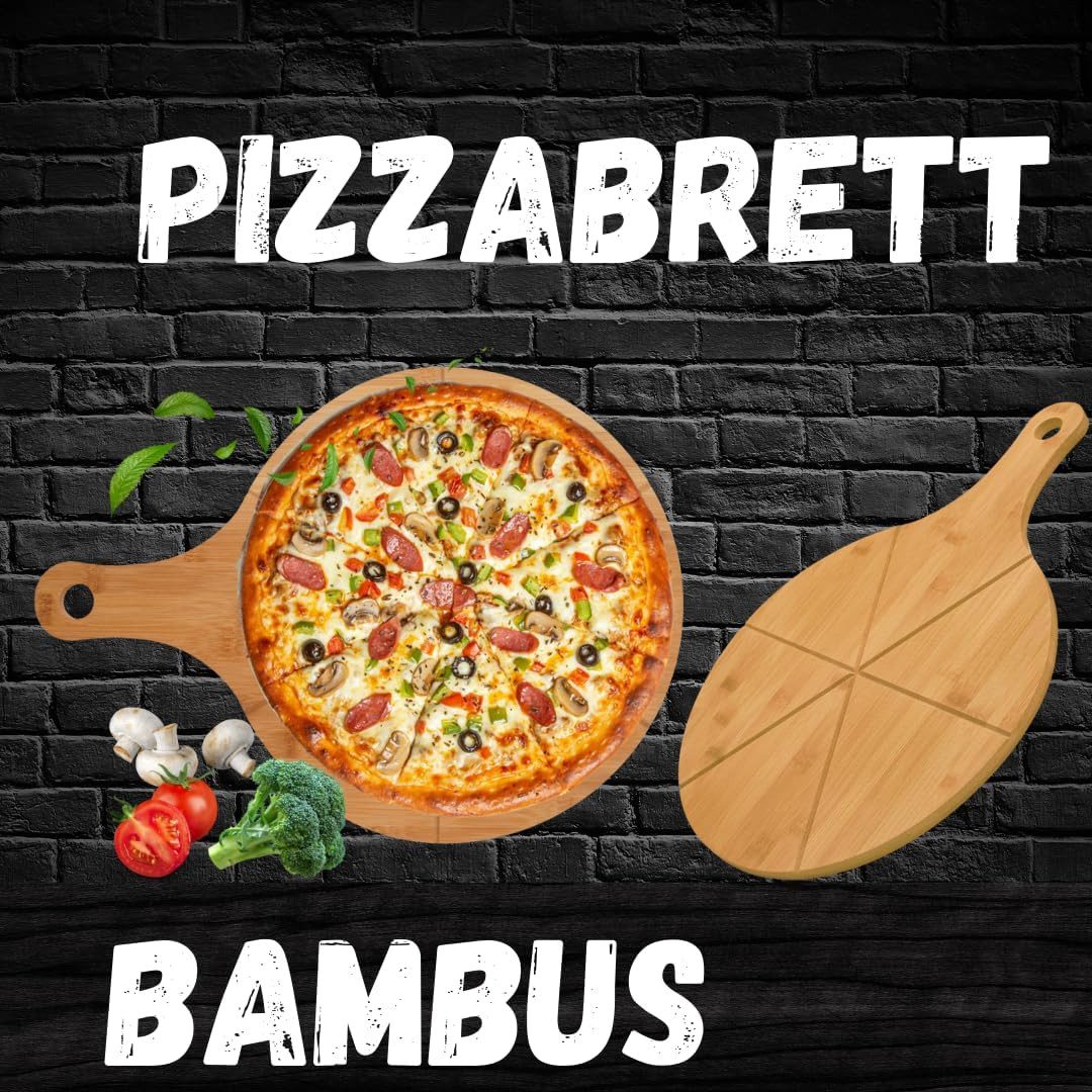 hausleben Pizzaschneidebrett Pizzateller Pizzabrett aus Bambus Doppelpack, Bambus Pizzabrett, (2-St), pizzaservierbrett schneiderbrett mit Griff