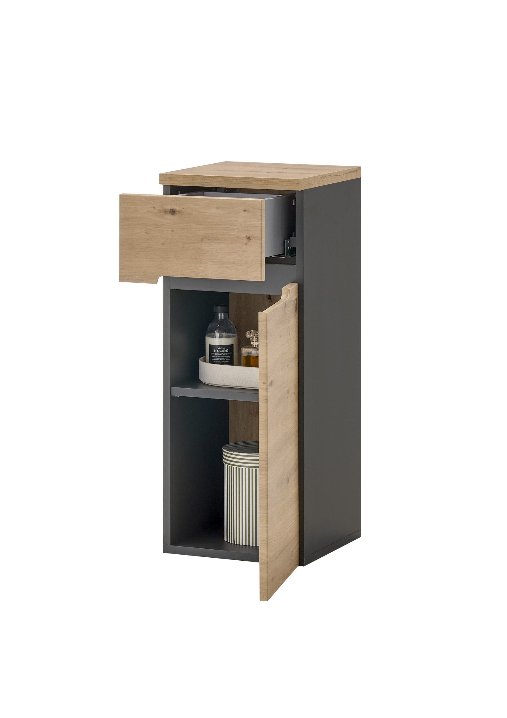 PREISBRECHER Badkommode Memphis, Grau / Artisan Eiche Dekor - 30x74x31cm (BxHxT)
