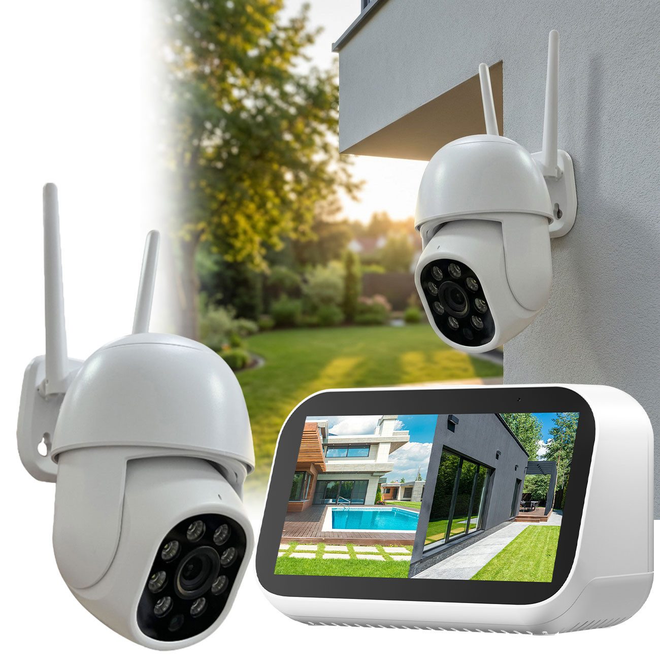 Technaxx Überwachungskamera 3MP HD Mini Überwachungskamera-Set App, 355° PTZ Touchscreen-Monitor (2-tlg., 2 tlg.-Set, WLAN-Außenkamera Farb-Nachtsicht, IP65, App-Steuerung)