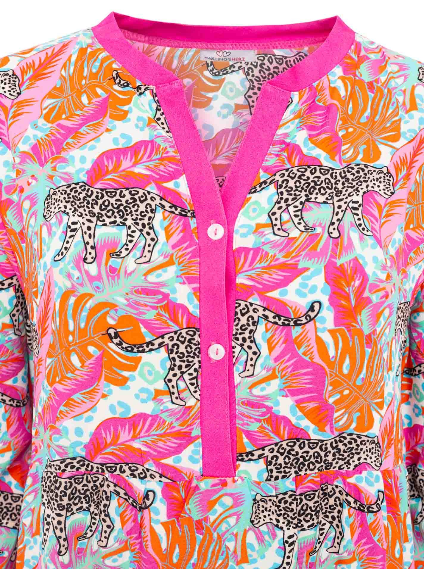 Zwillingsherz Maxikleid "Wild Jungle" Mustermix mit Leopard, Knopfleiste und 3/4 Arm