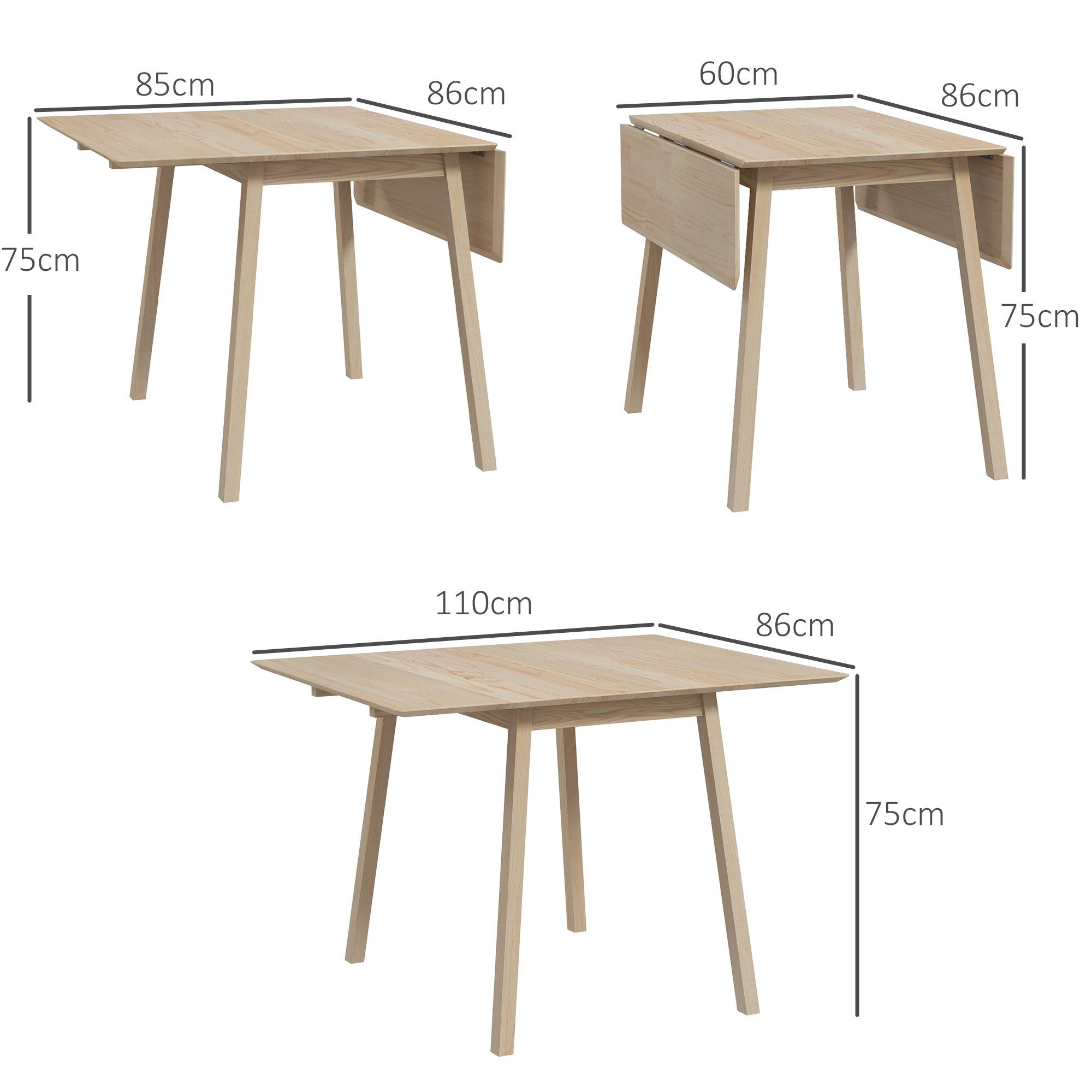 HOMCOM Klapptisch Klappbarer Esszimmertisch im Landhausstil für Kleine Räume (Küchentisch, 1-St., Esstisch), für Esszimmer, Küche, Natur – Bild 3 von 5