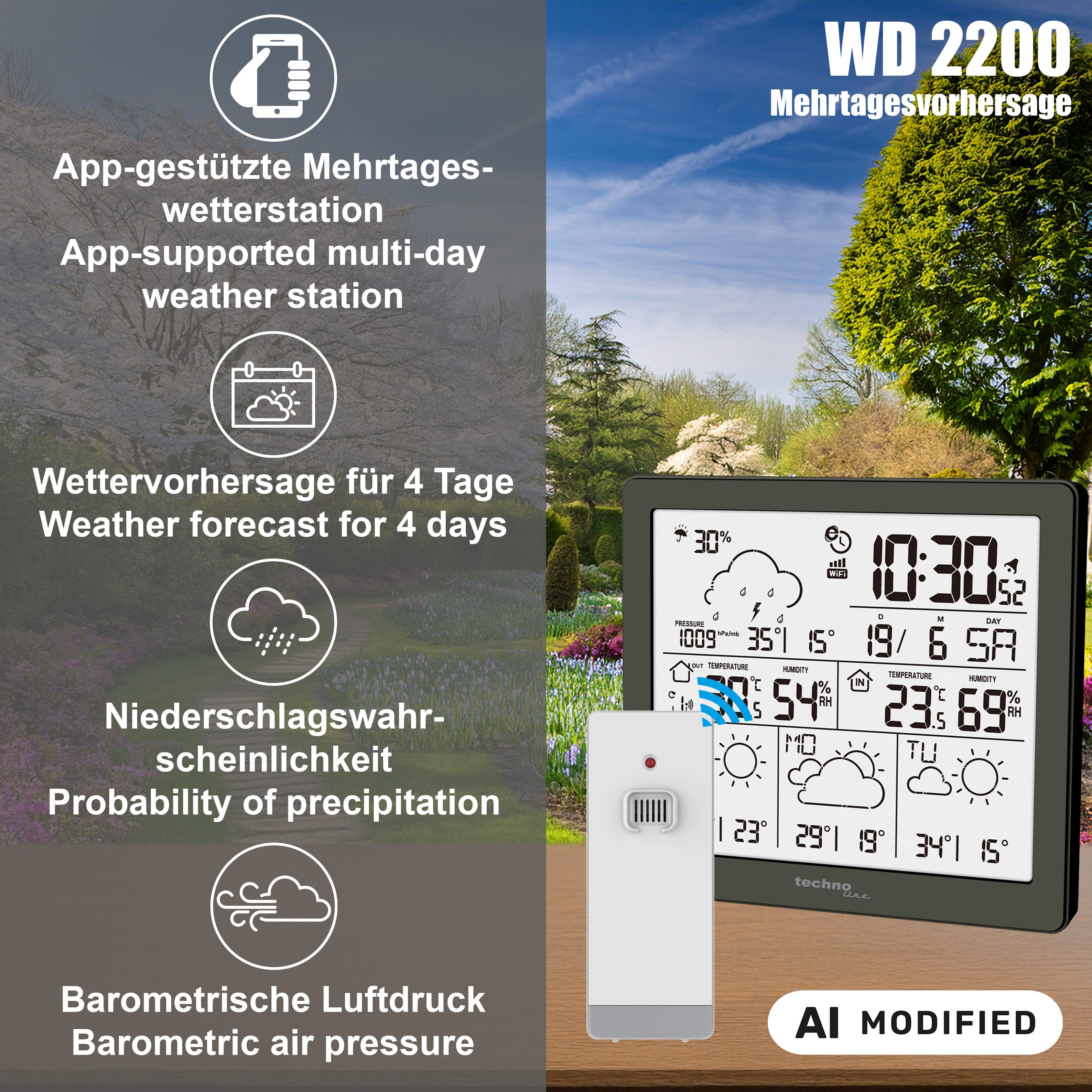 technoline WD 2200 Wetterstation (inkl. Außensender, 4-Tage-Prognose, App-Anbindung, Wetterdaten & Luftfeuchtigkeit)