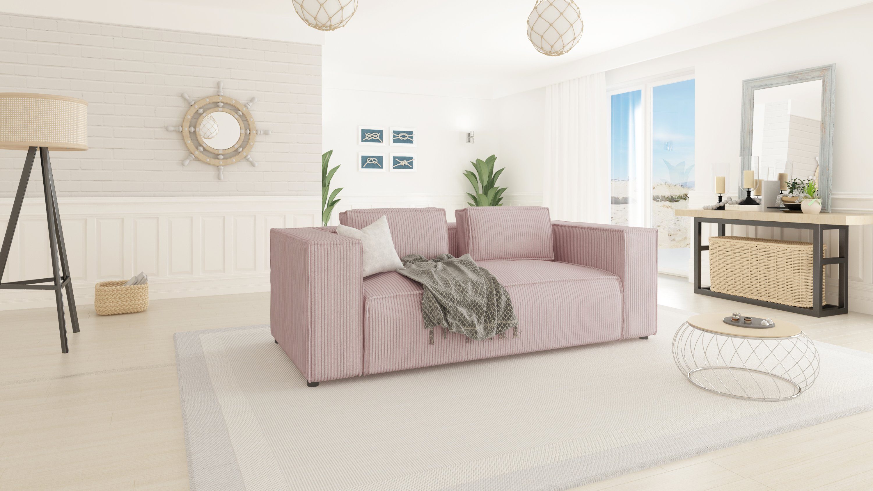 S-Style Möbel 2-Sitzer Cord Sofa Renne, 1 Teile, mit Wellenfederung Puderrosa
