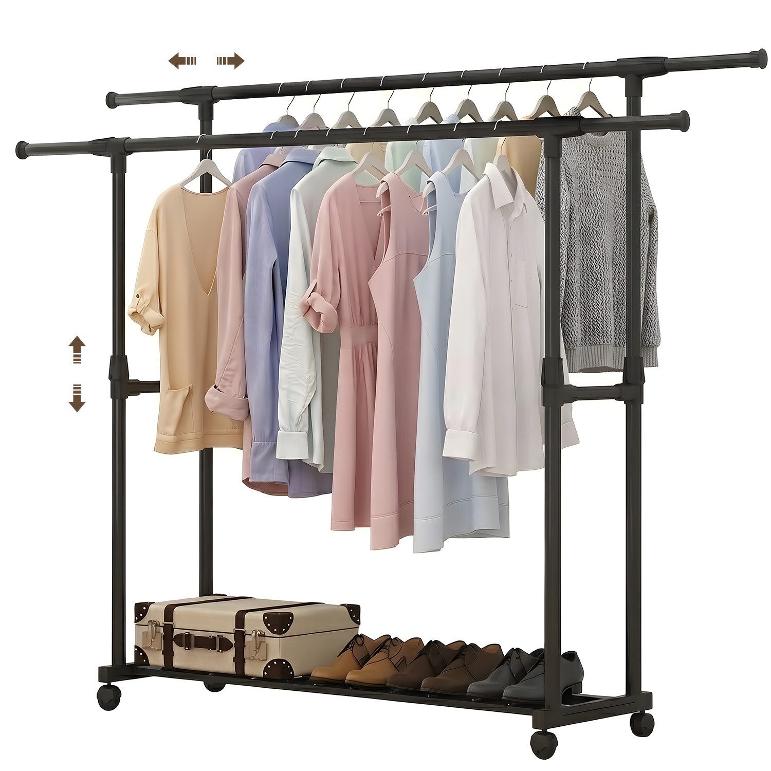 HEYHIPPO Kleiderstange Kleiderständer ausziehbar,höhenverstellbar, mit Rollen & Schuhablage (höhenverstellbar bis 155cm, für Schlafzimmer, Wohnzimmer & Wäscheraum), doppelte Stange, Länge 90–150cm verstellbar, Carbonstahl, schwarz