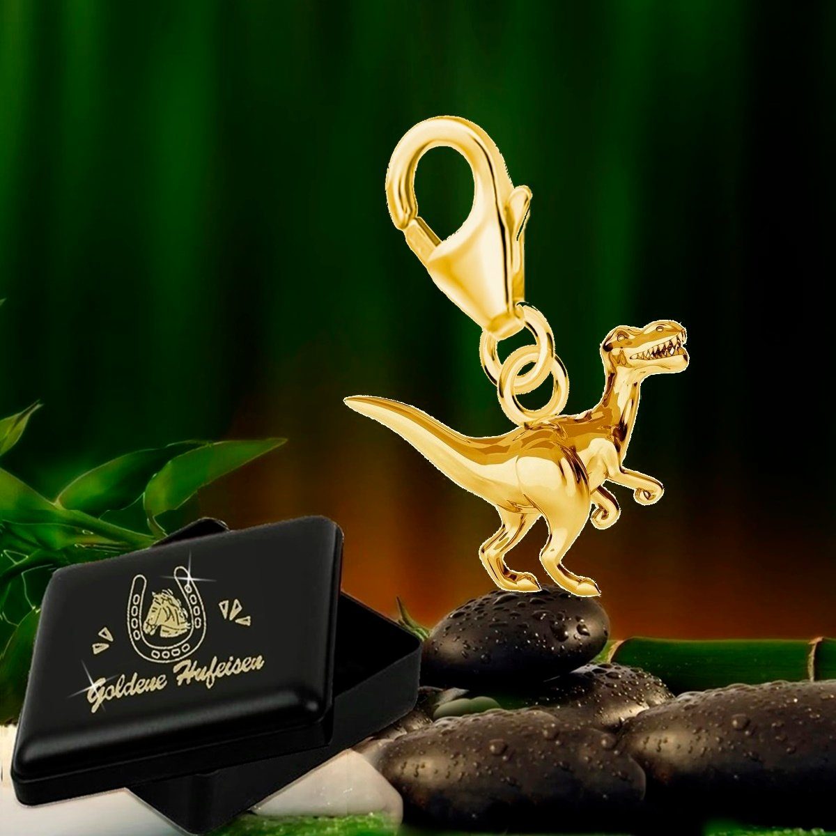 Goldene Hufeisen Charm-Einhänger Charm Anhänger Gold Dinosaurier Karabiner für Bettelarmband (inkl. Etui), 925 Sterling Silber Goldschmuck für Armband