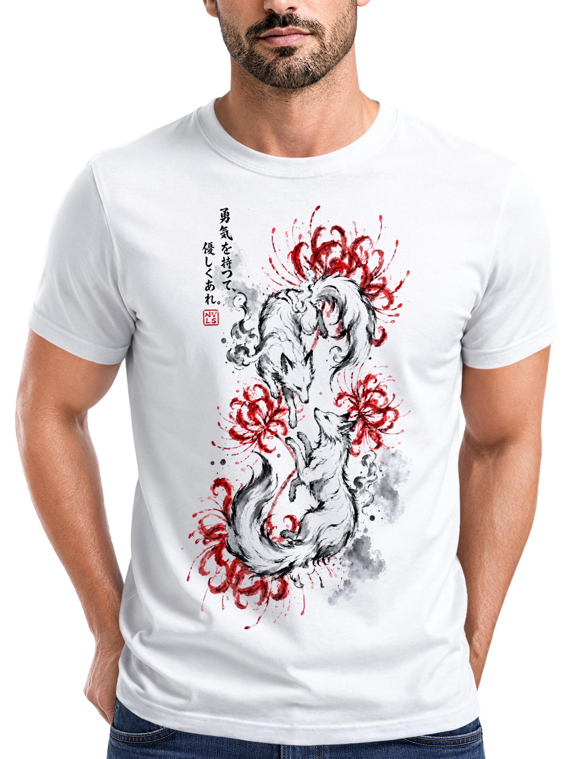 Neverless Print-Shirt Herren T-Shirt Frontprint - Design Kitsune - Baumwollshirt Männer mit Print