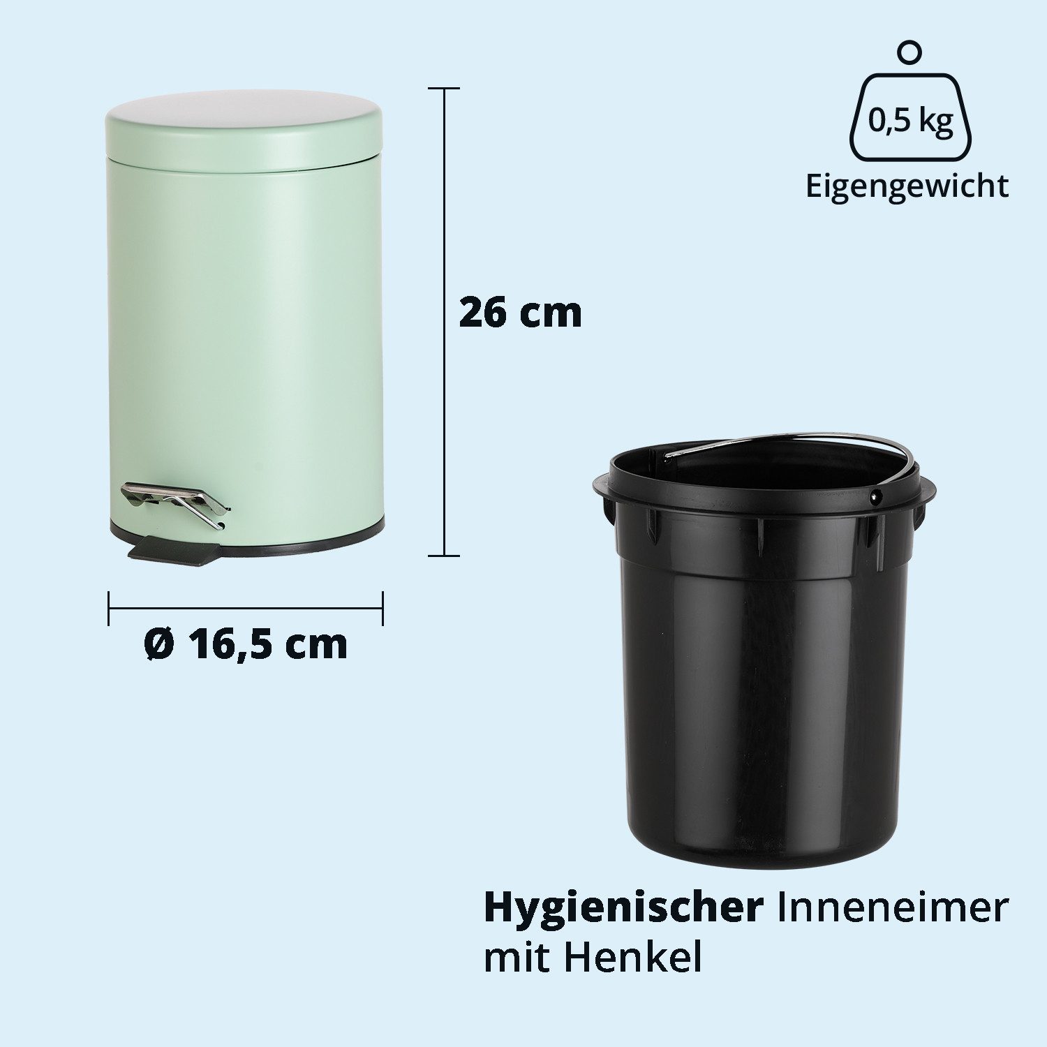 KHG Kosmetikeimer Mülleimer Mint 3 Liter mit Trittmechanismus, Aluminiumgehäuse mit Griff, herausnehmbarer Inneneimer aus Kunststoff