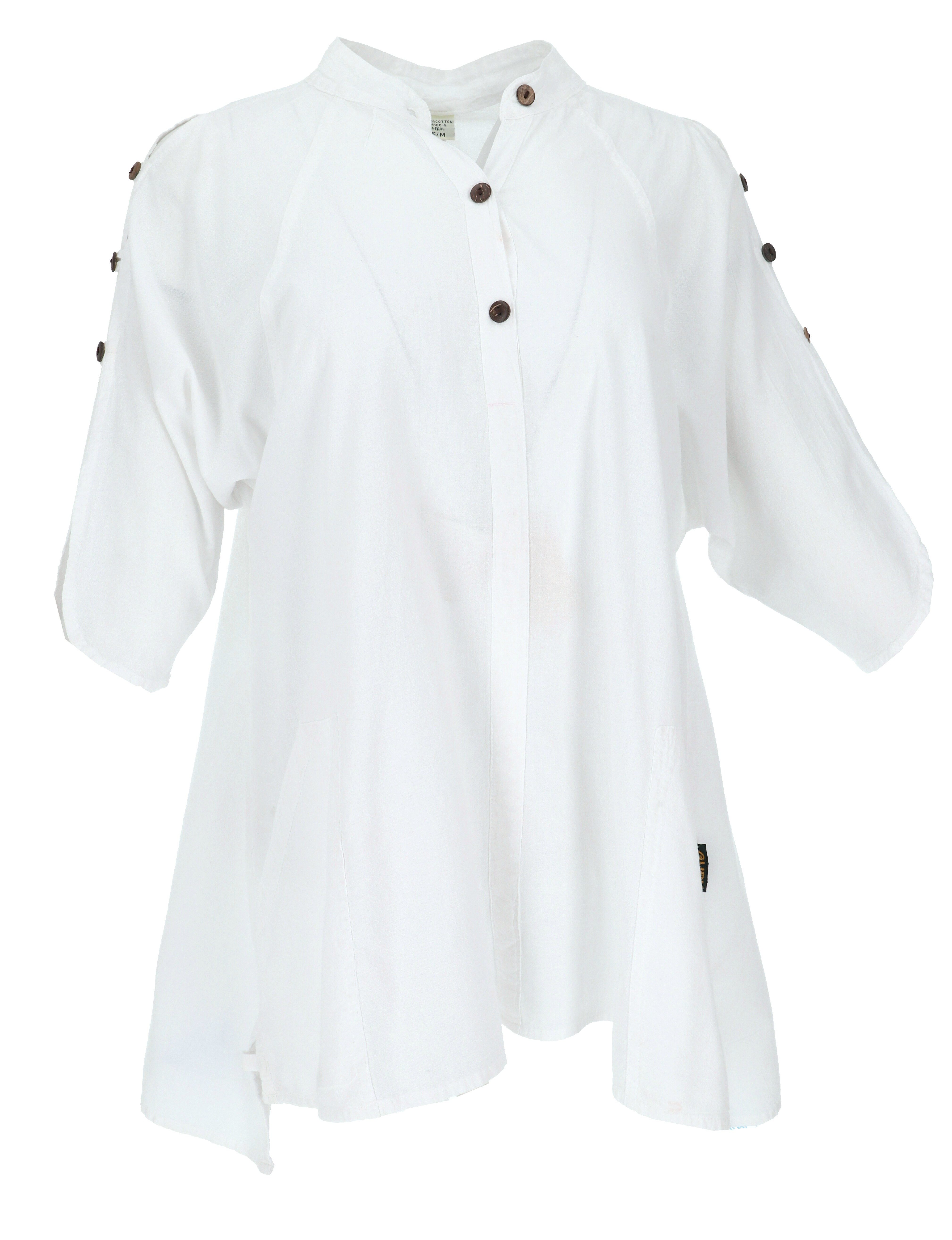 Guru-Shop Longbluse Bequeme Baumwoll-Tunikabluse mit Kokosknöpfen,..