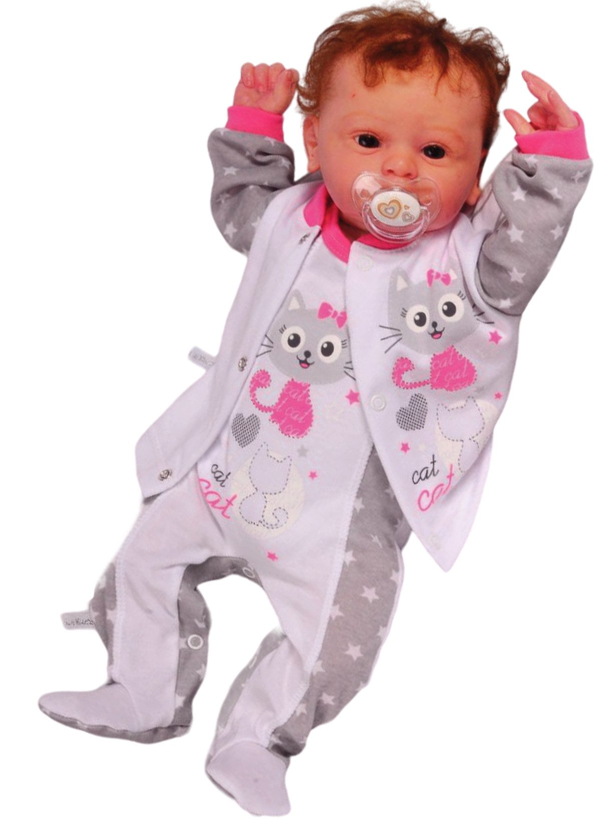 Strampler Baby Anzug Stramplerhose und Hemdchen mit Sternen und Katze