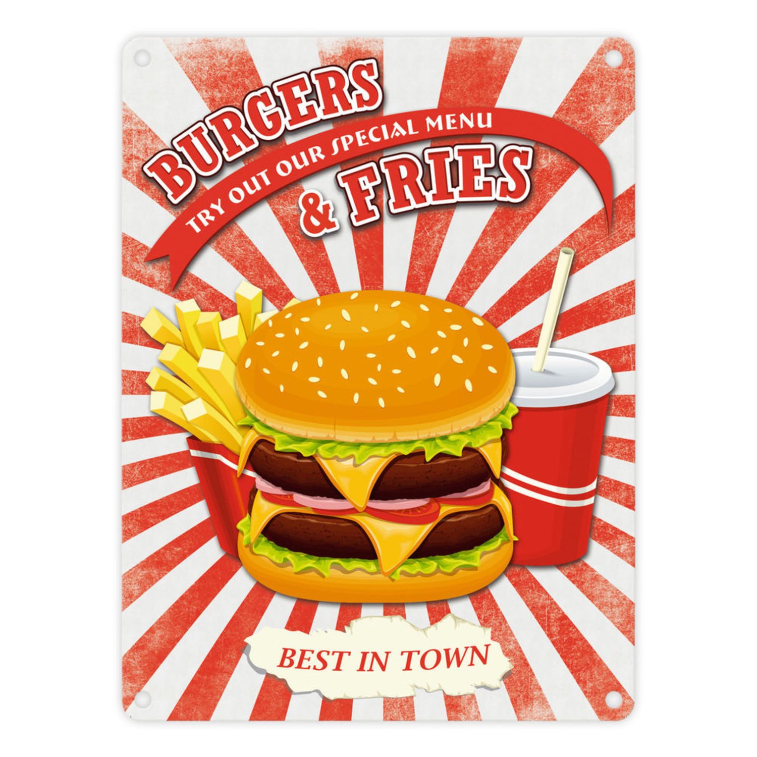 speecheese Metallschild Fast Food Burgers & Fries Schild Blechschild Aluminiumschild