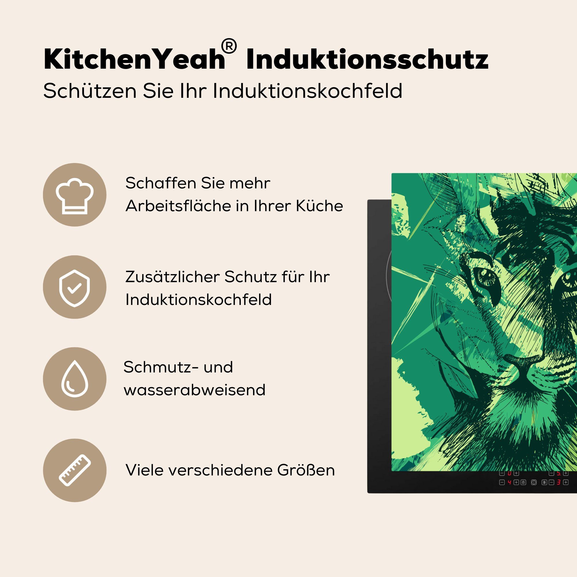 Herdblende-/Abdeckplatte MuchoWow Grün, Tiger für 78x78 Arbeitsplatte (1 cm, tlg), - - Ceranfeldabdeckung, küche Vinyl, Kopf