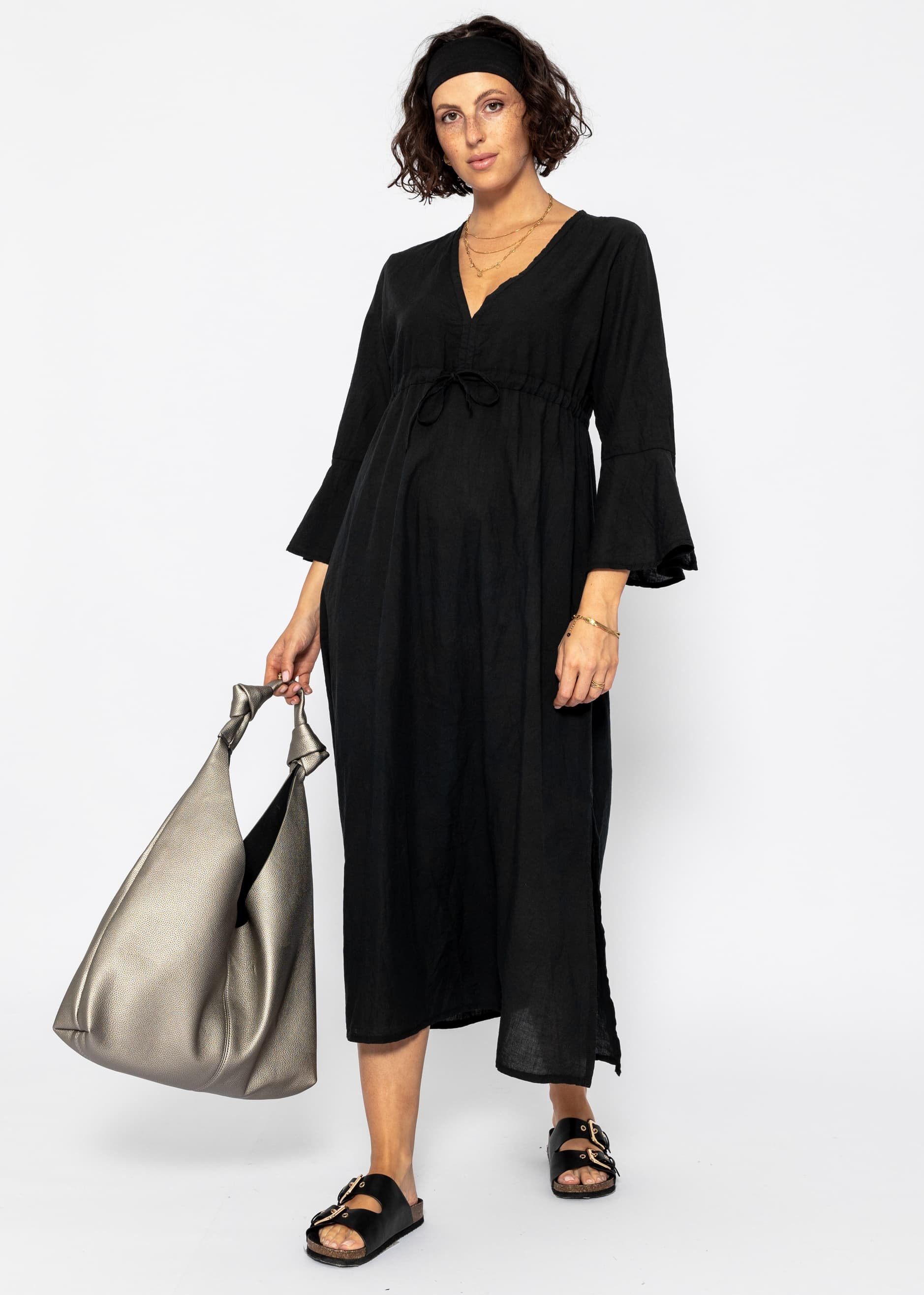 SASSYCLASSY Midikleid Baumwollkleid mit Schlitz und weiten Ärmeln Luftiges Midi Kleid mit 3/4 Ärmeln und V-Ausschnitt