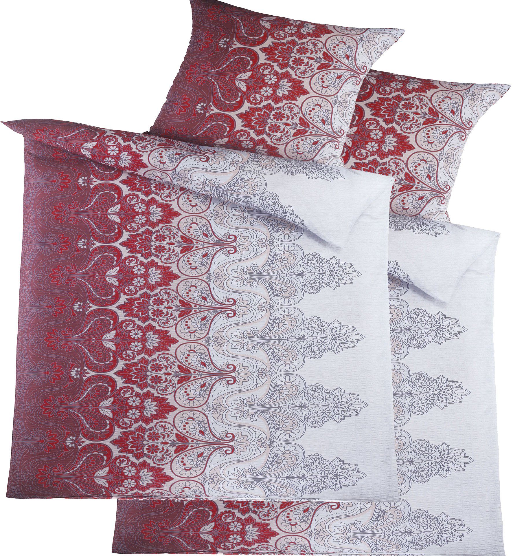 KH-Haushaltshandel Bettwäsche 4-tlg. Seersucker Bettwäsche 2x (135x200 +80x80cm), Ornamente, Seersucker, 4 teilig, rot grau weiß, Microfaser, bügelfrei, Bettbezug