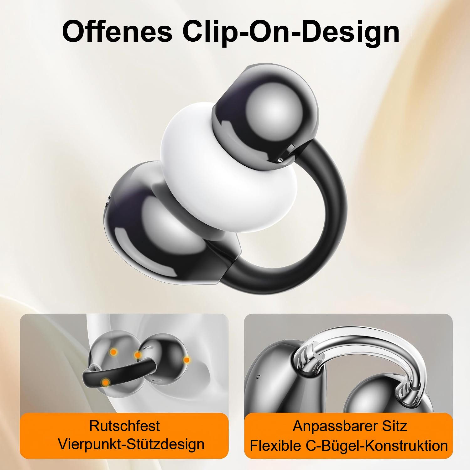 poweradd pro Elegante Bluetooth 5.49 Clip-On Kopfhörer mit LCD-Touchdisplay, Open-Ear-Kopfhörer (für Damen – kabellos mit abnehmbarem Butterfly-Dekor)