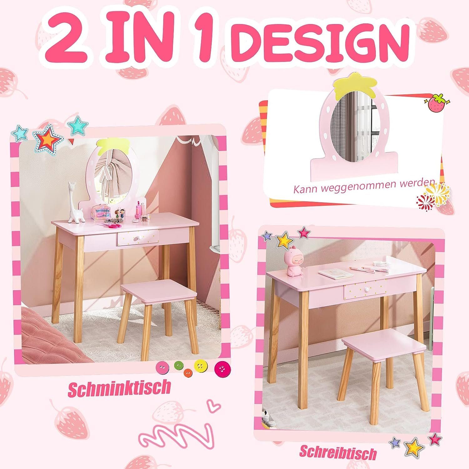 KOMFOTTEU Schminktisch Kinder (Set), mit Spiegel und Hocker, Der rosa Look  und das erdbeerförmige Design werden von Mädchen geliebt