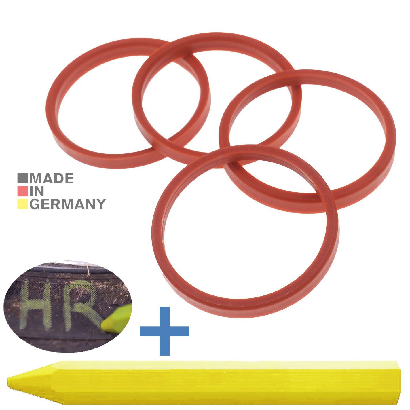 BRANDT AUTOMOTIVE Reifenstift 4X Zentrierringe Rot Felgen Ringe + 1x Reifen Kreide Fett Stift, Maße: 72,0 x 63,4 mm