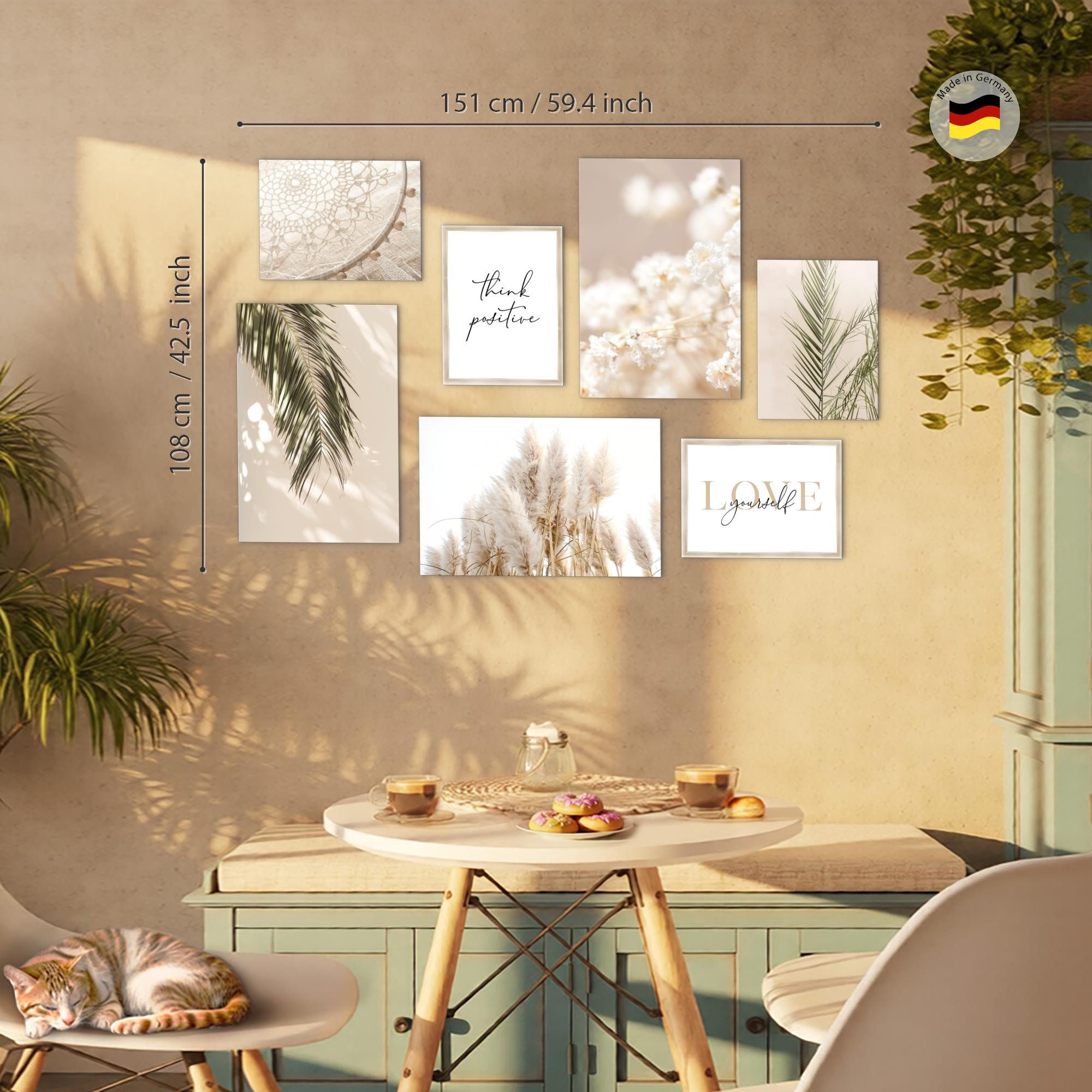 Novart Wandbild Boho Beige Pampas Blätter Natur Wohnzimmer Bilder Set 147x104 cm, Boho (7 St)