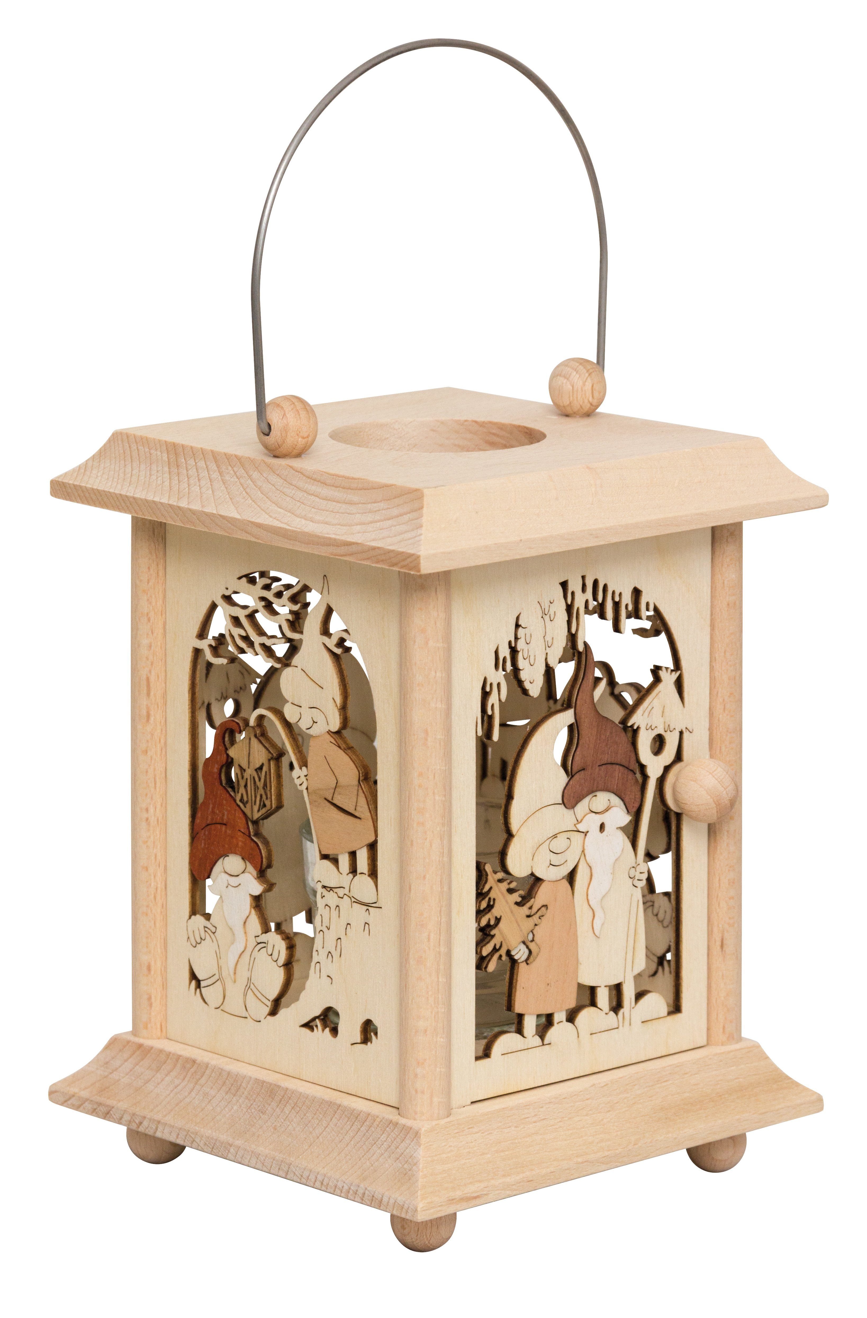 Kuhnert Kerzenhalter Tischlaterne aus Holz Motiv Wichtel, 11,5 x 11,5 x 17 cm, Handwerkskunst aus dem Erzgebirge