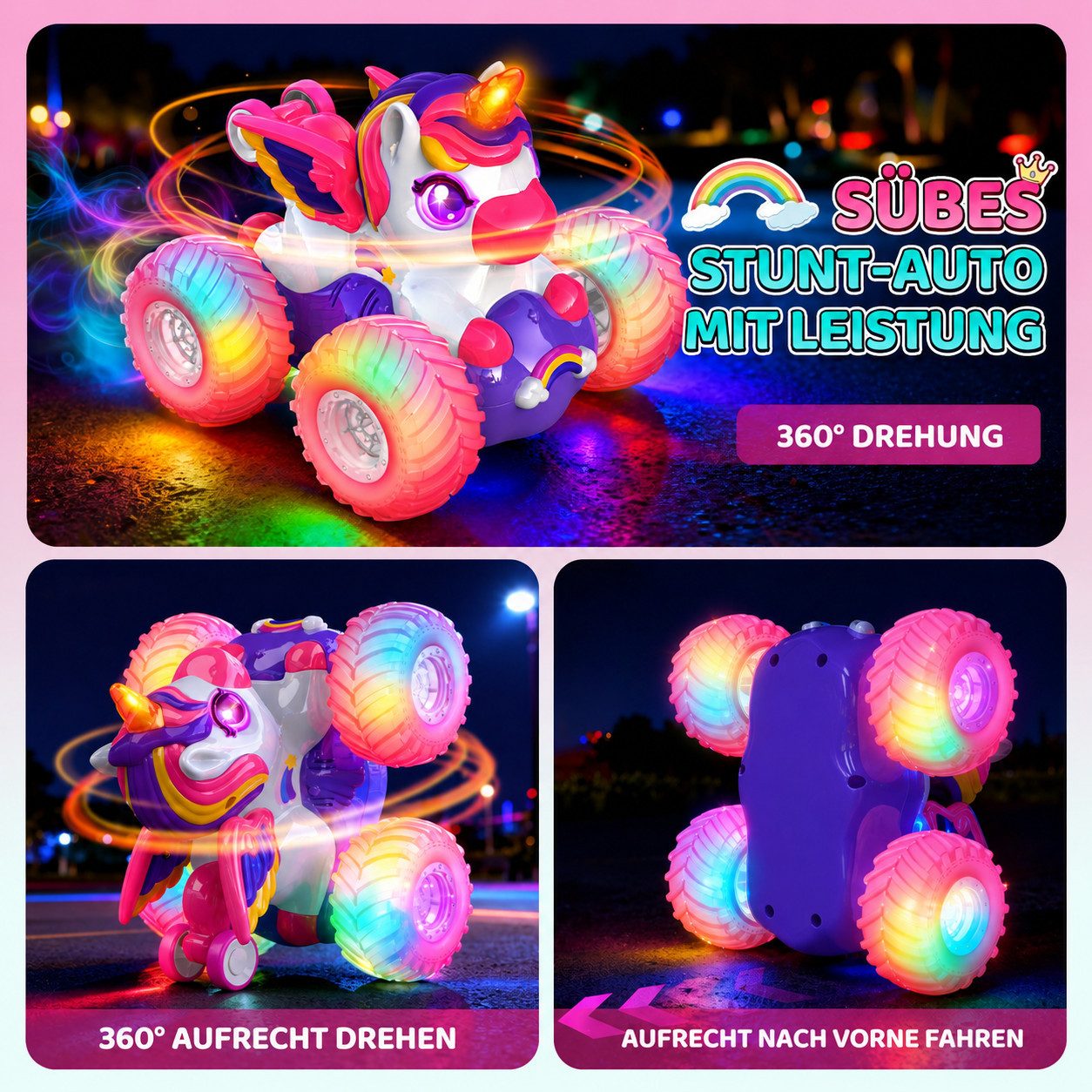 Wootoy RC-Auto Spielzeug-Auto Einhorn Ferngesteuertes Stuntauto mit 360°-Rotation (Integrierte LED-Lichteffekte sorgen, 1-tlg., 4-Rad-Antrieb für spektakuläre Stunts und hohe Wendigkeit), für den Innen- und Außenbereich auf verschiedenen Untergründen