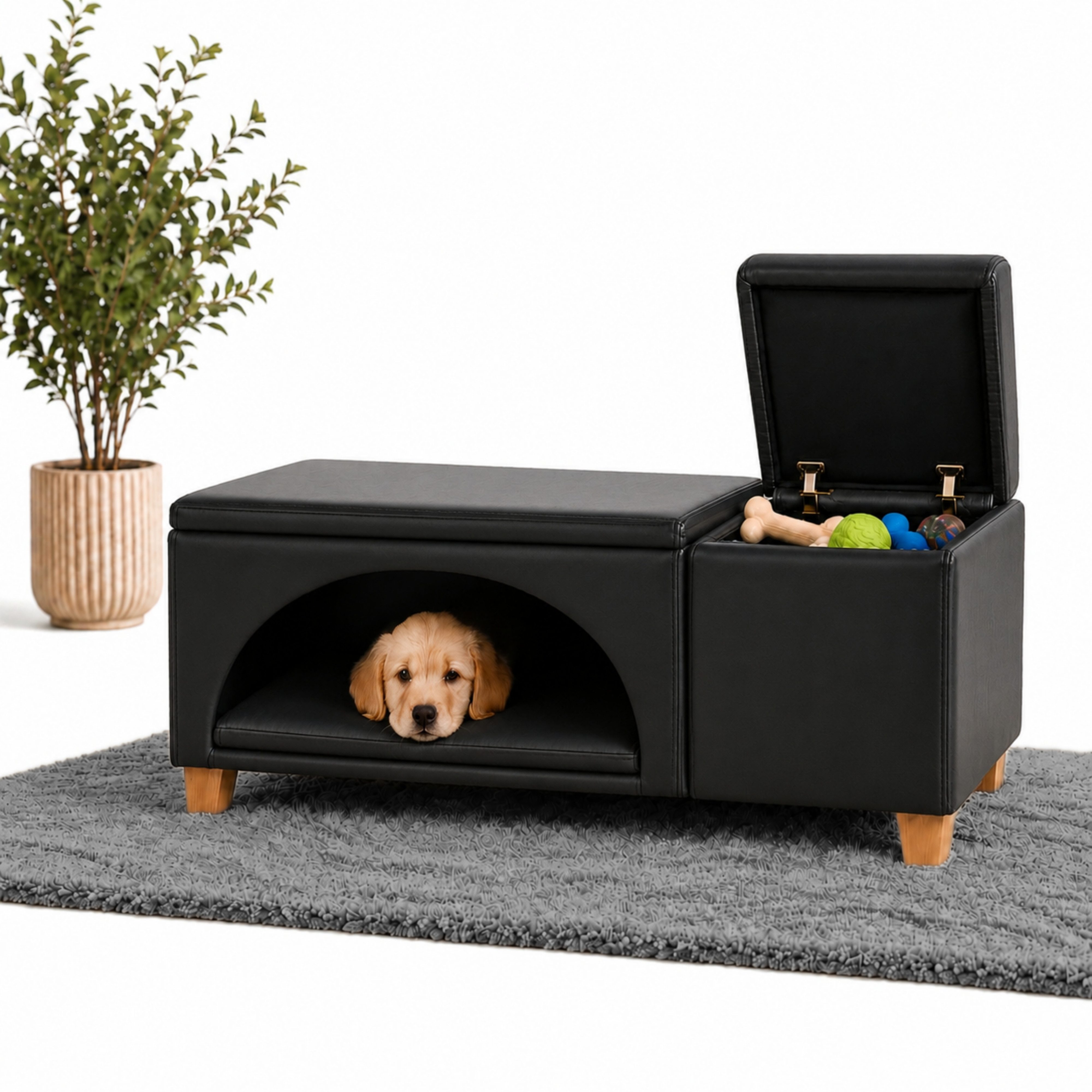 Outentin Hundebett 3 in 1 Für Kleine Hunde und Katzen, Materialvarianten, Hundehöhle Indoor Mit Sitzbank und Stauraum, Katzenhöhle Mit Kissen, Stilvolles Höhlenbett Für Zuhause