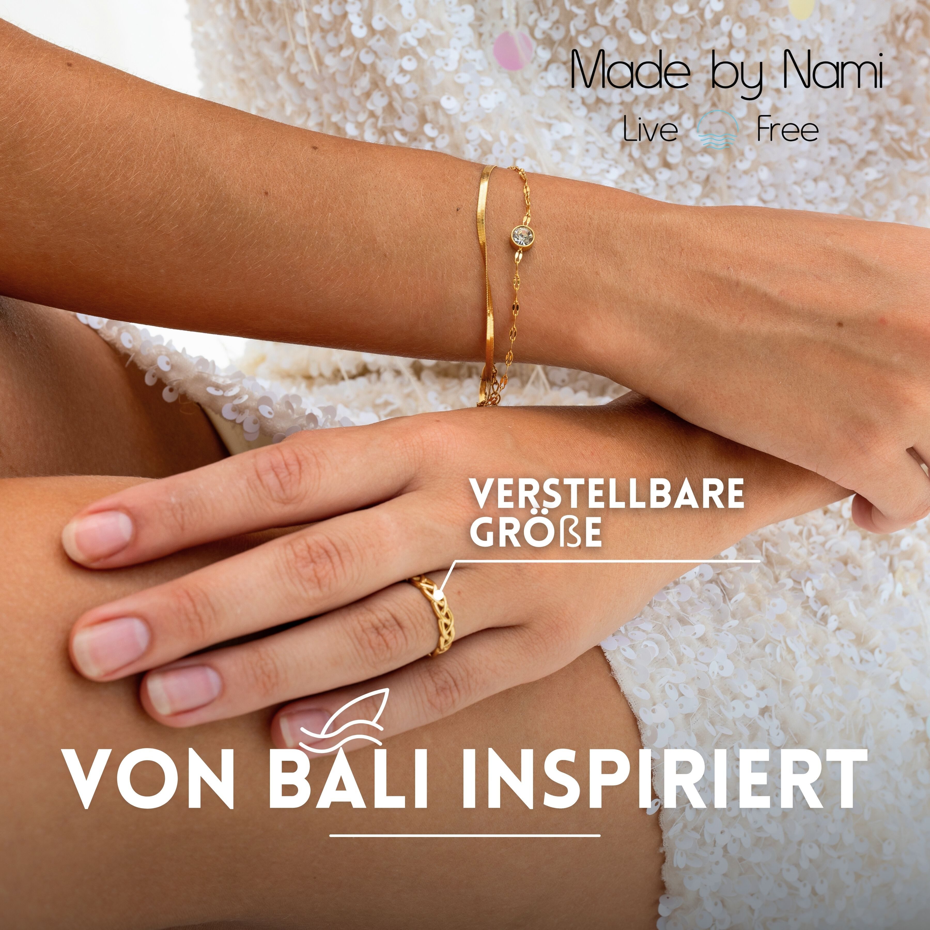 Made by Nami Fingerring Breiter Goldener Boho Edelstahl Ring Geflochten-Design, Damen Schmuck Größenverstellbar & Wasserfest