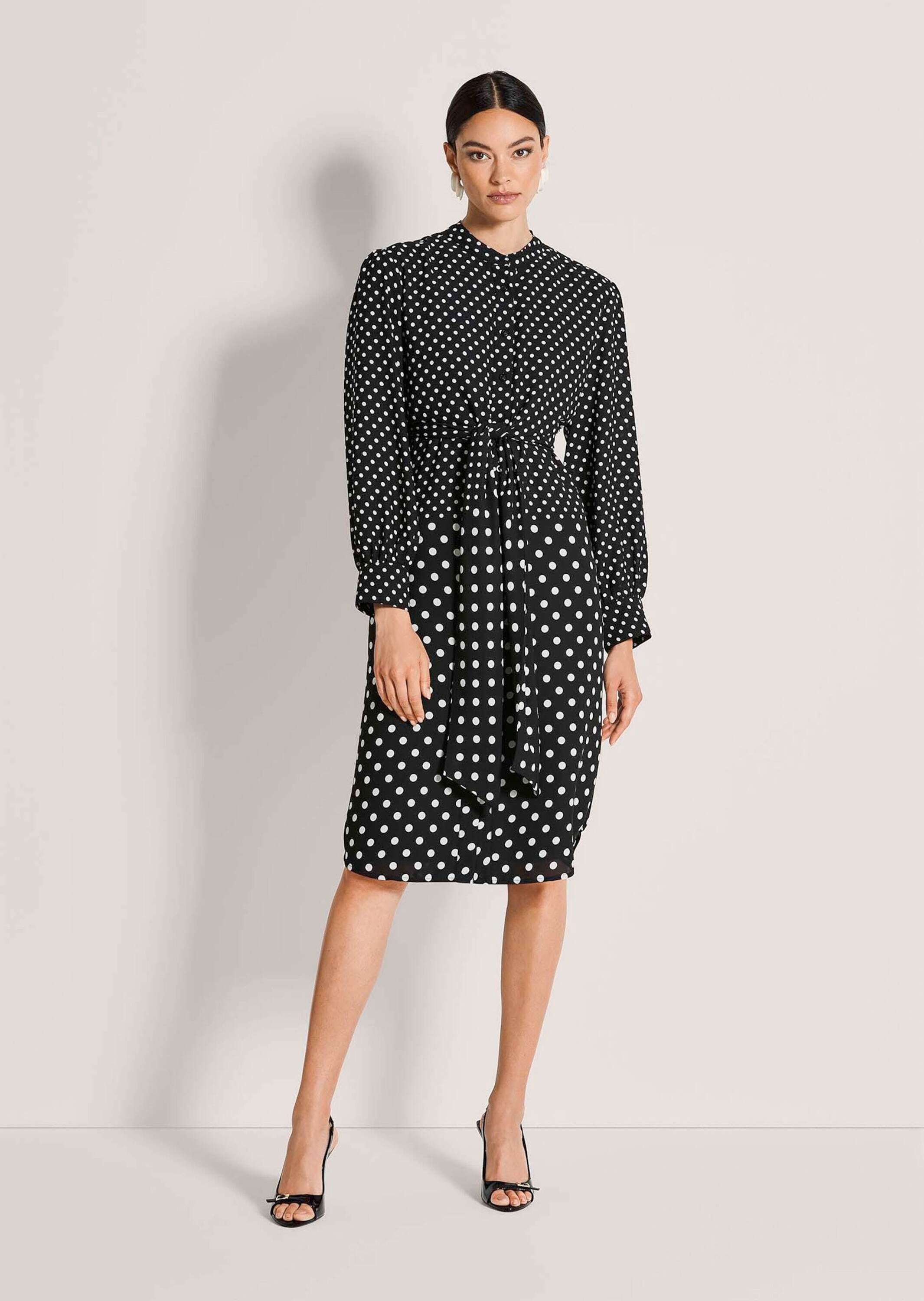 MADELEINE Midikleid Tupfenkleid mit Wickeloptik Sommerkleid mit Rundhals, Knopfleiste, Bindeband, Taschen und Langarm