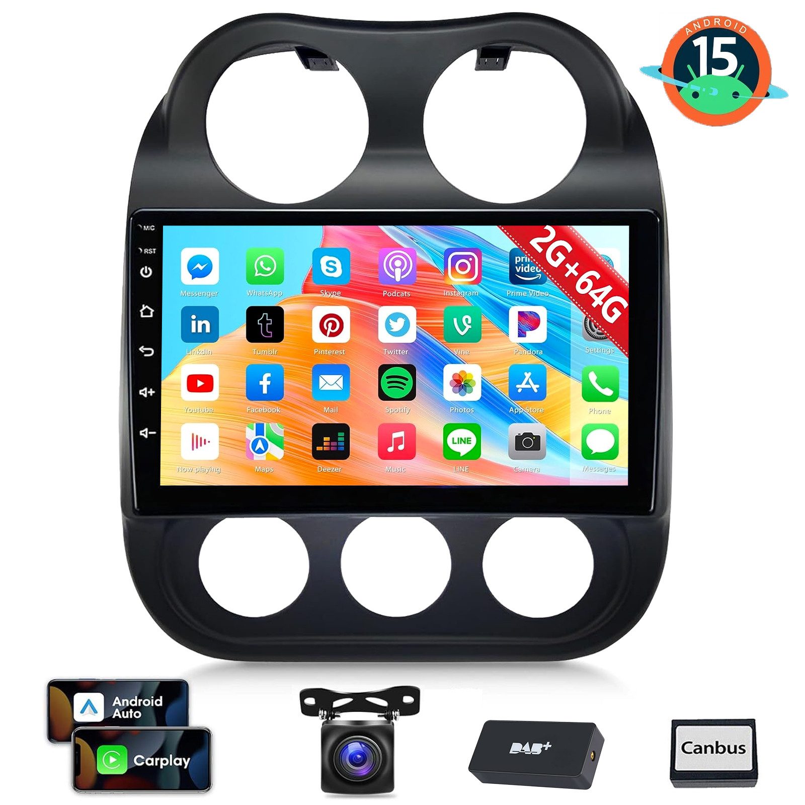 ESSGOO Autoradio Android 15 Carplay GPS WiFi SWC RDS Für Jeep Compass 2010-16 Autoradio (Digitalradio (DAB), 4+64GB(optional), RDS, AM, FM, Carplay Android Auto Bluetooth EQ USB GPS Navi WIFI Touchscreen)