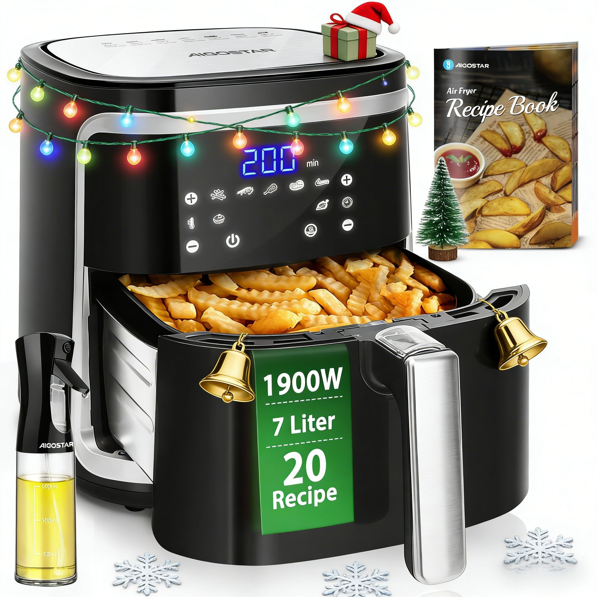 Aigostar Heißluftfritteuse Cube - 7L 1900W Airfryer mit LED-Touchscreen, 7-in-1, Ohne Öl, 90% weniger Fett, 1900,00 W, Temperatursteuerung (80 - 200 °C), 1 - 60 Mins Timer, Memory-Funktion