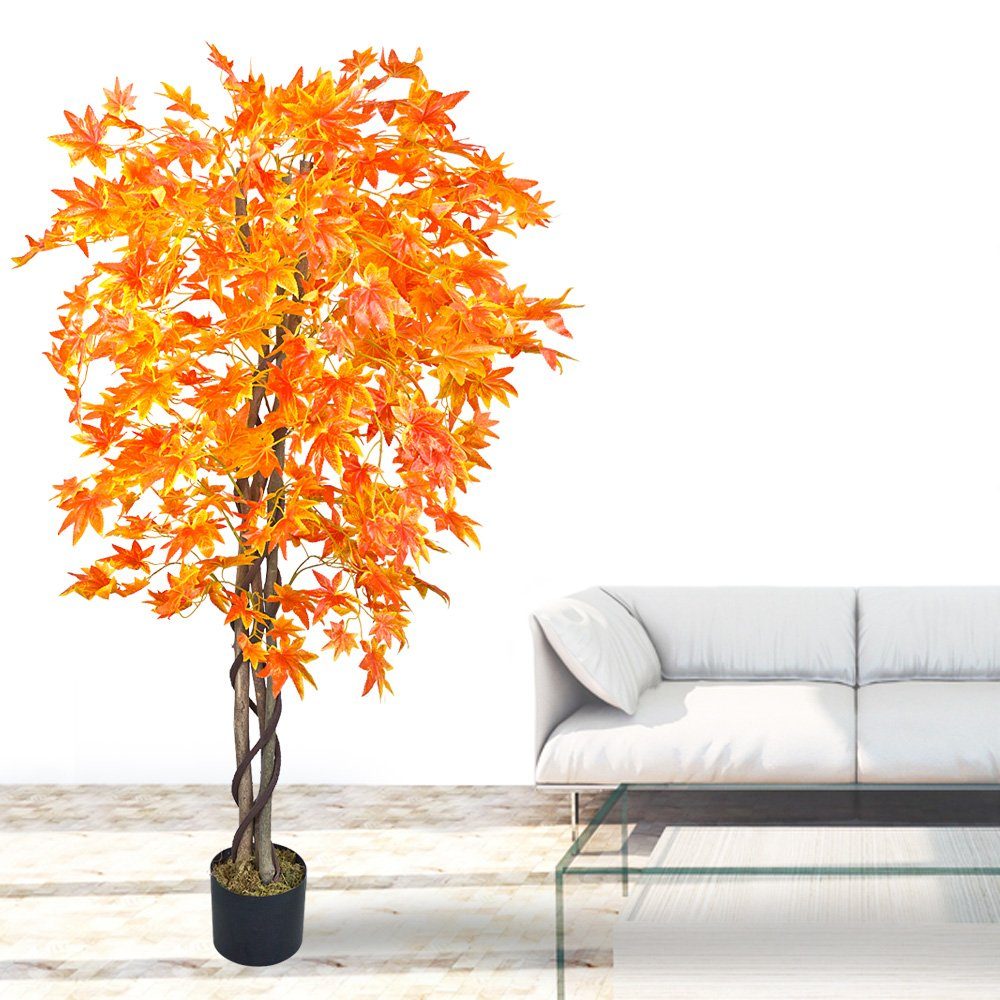 Decovego, Künstliche Kunstbaum Kunstpflanze Echtholz Blätter Rote Ahorn Decovego 150cm Baum Pflanze