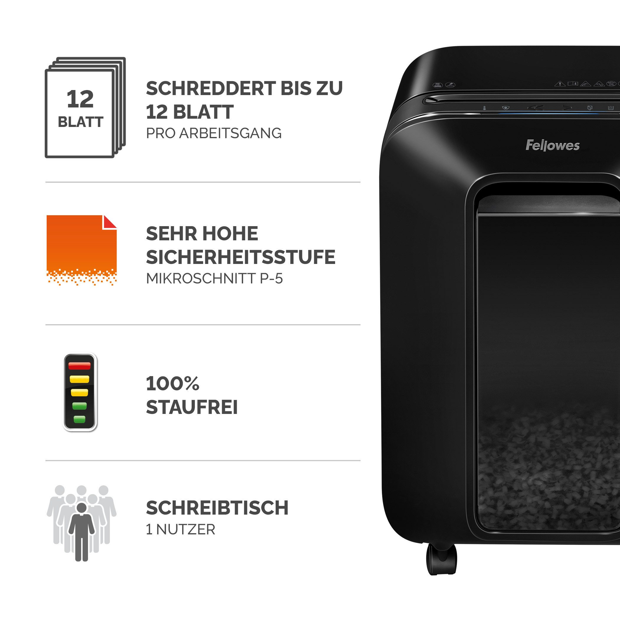 FELLOWES Aktenvernichter Fellowes Aktenvernichter LX211 Mikroschnitt 2x12mm P5 Weiß Rollen, SafeSense, IntelliBar, Schlaf Modus, Mikroschnitt P-5, 23L, Rollen