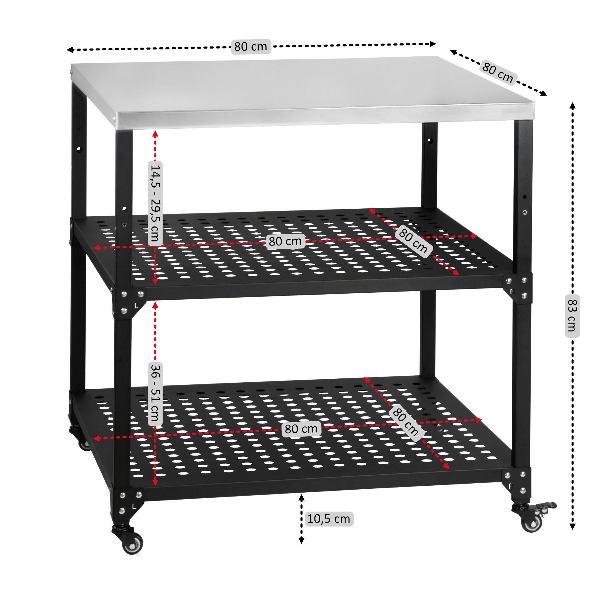 BBQ-Toro Grillablagetisch Grillwagen 80 x 80 x 83 cm, Schwarz, Grilltisch mit großer Arbeitsfläc