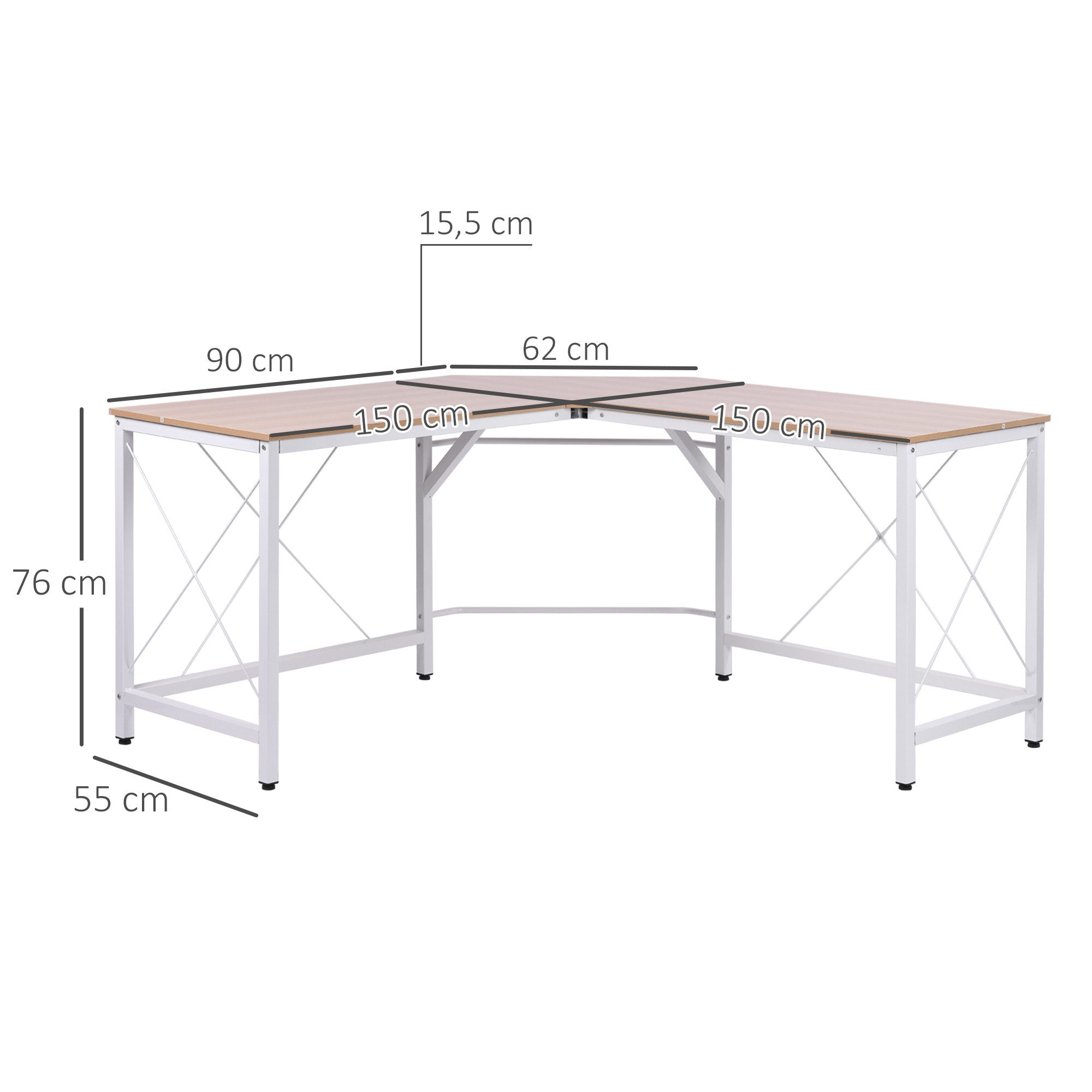 HOMCOM Eckschreibtisch L-Form Winkelschreibtisch (PC-Tisch, 1-St., Computetisch), MDF Natur + Weiß 150 x 150 x 76 cm